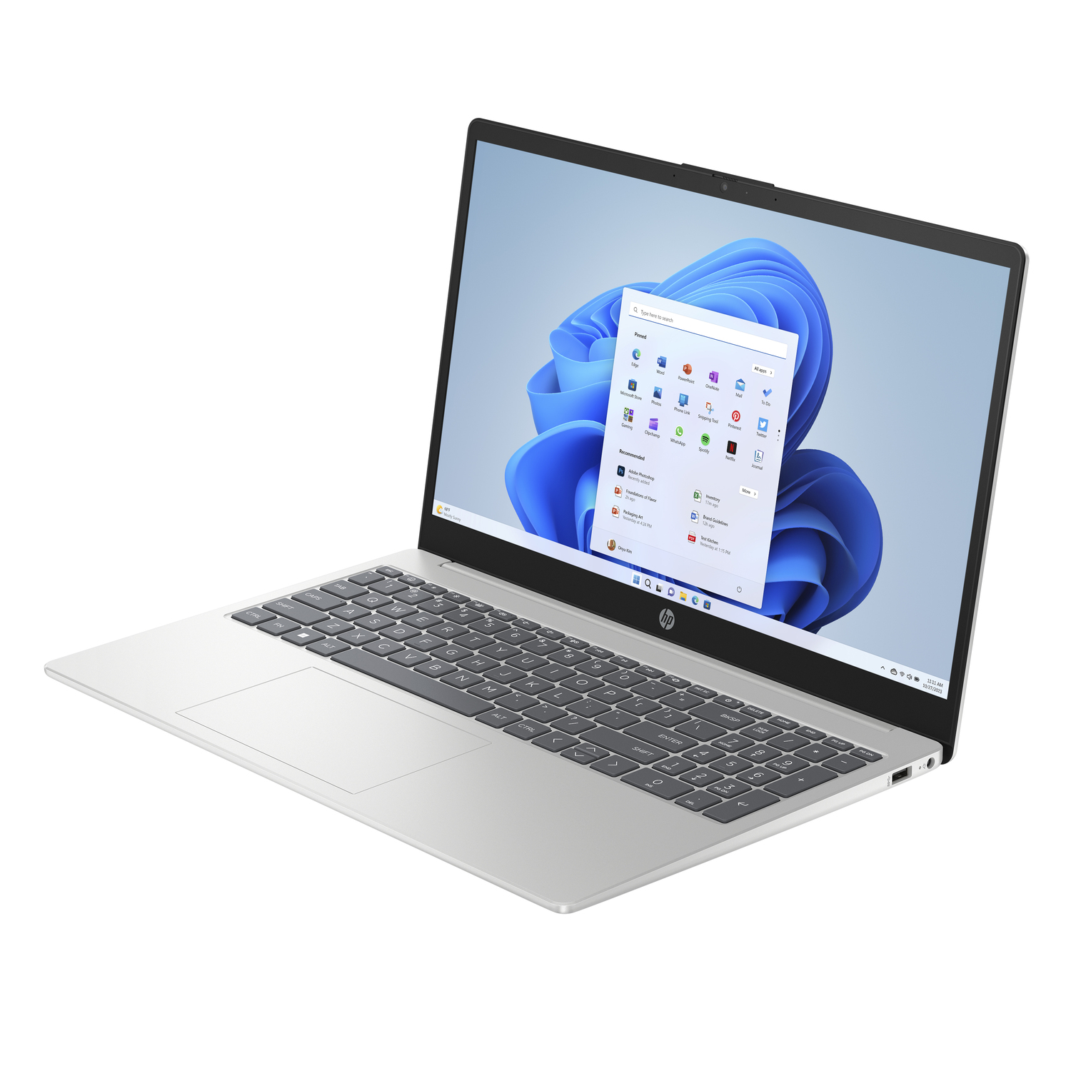 A silver laptop with the Windows 11 interface open on the screen.