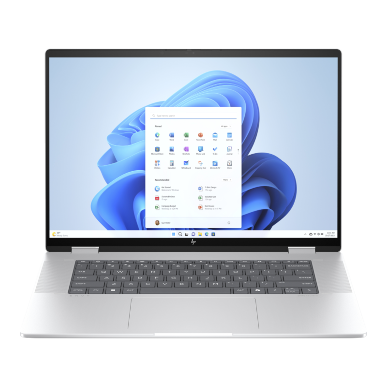 Een laptop met een Windows 11-interface op het scherm. Het heeft een zilveren frame.