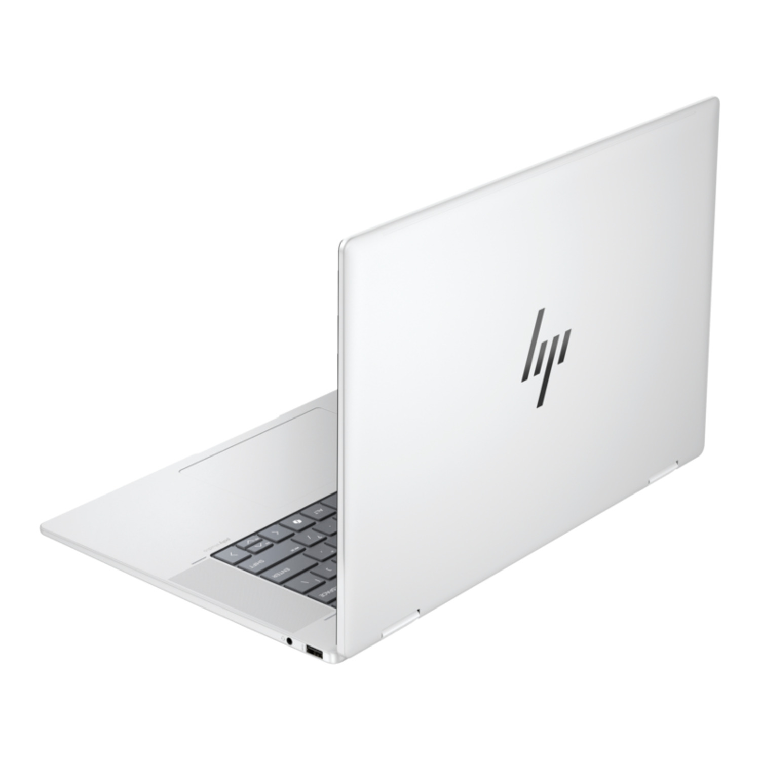 Witte laptop van achteren, met het HP-logo zichtbaar.
