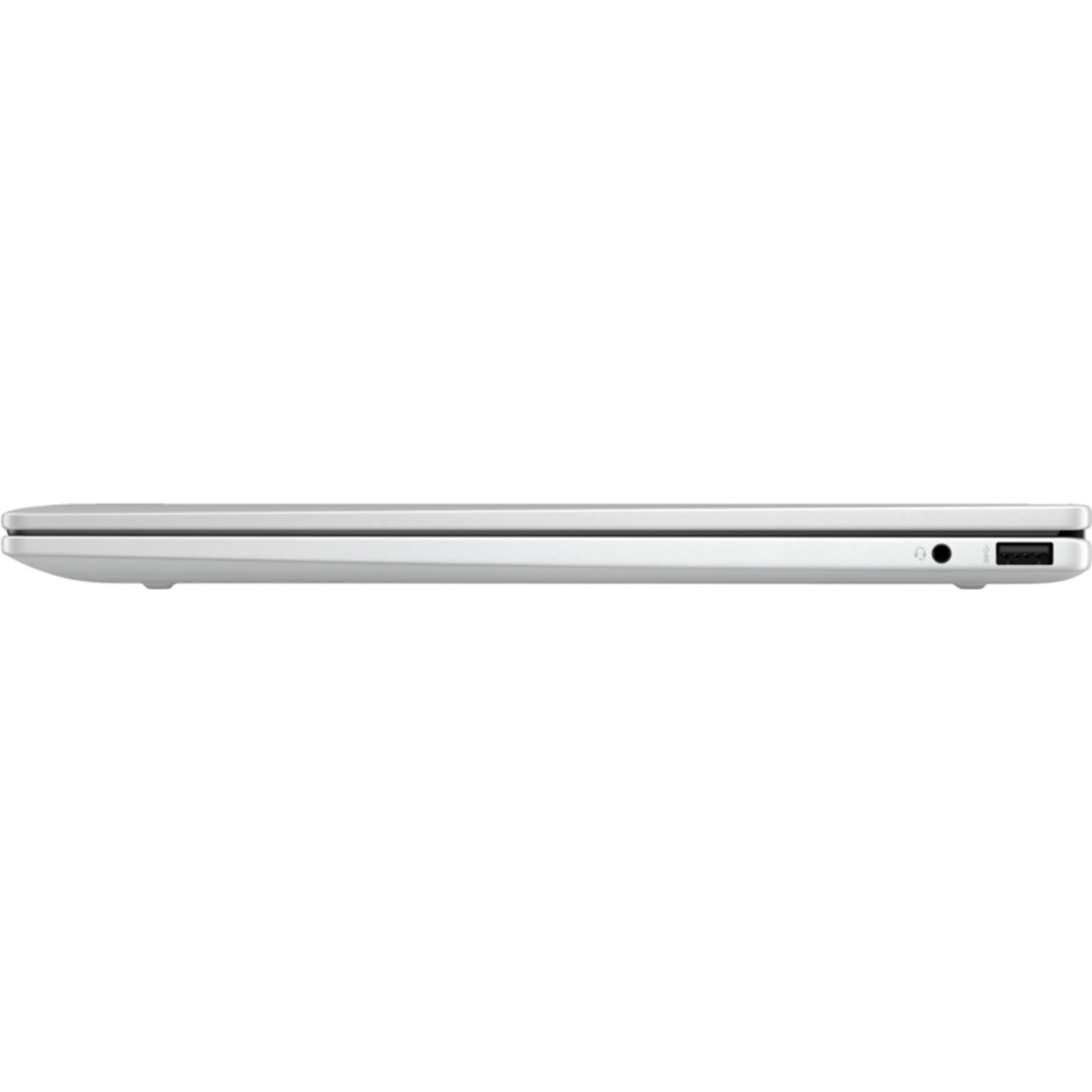 Zijaanzicht van een zilveren laptop. De zijkant heeft poorten en een koptelefoonaansluiting. Witte achtergrond.