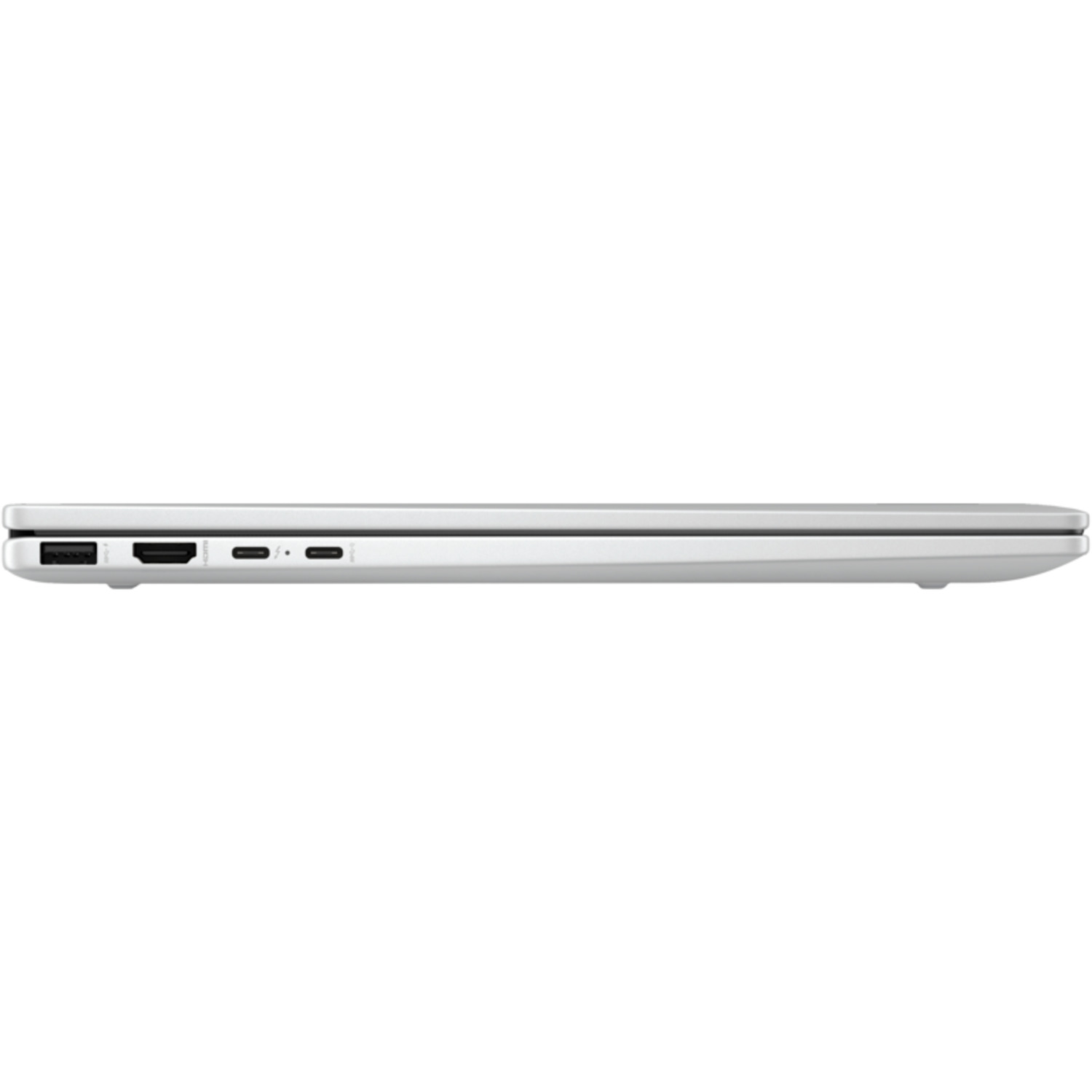 Zijaanzicht van een witte laptop. Toont poorten aan de zijkant, waaronder HDMI en USB-C.