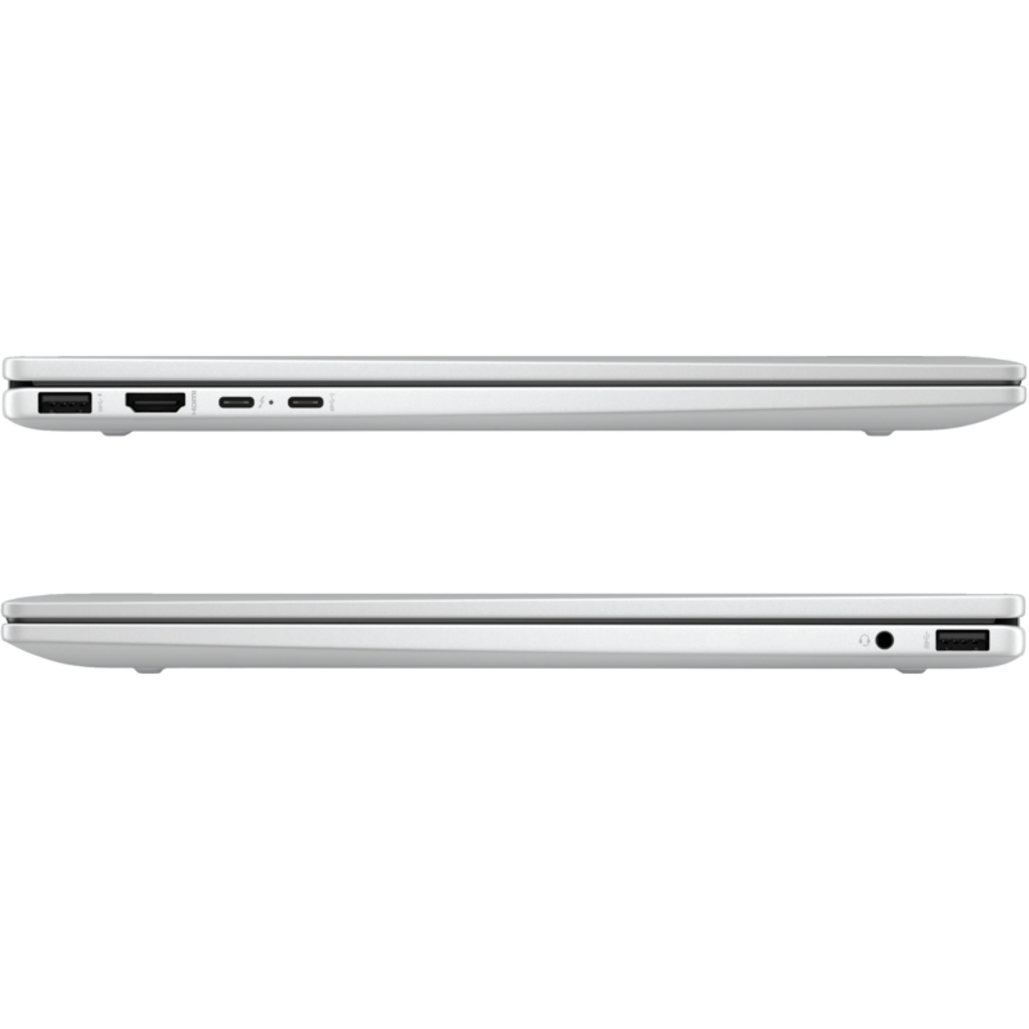 Twee zijaanzichten van een zilveren laptop, met poorten aan de zijkanten. Boven- en onderaanzicht.