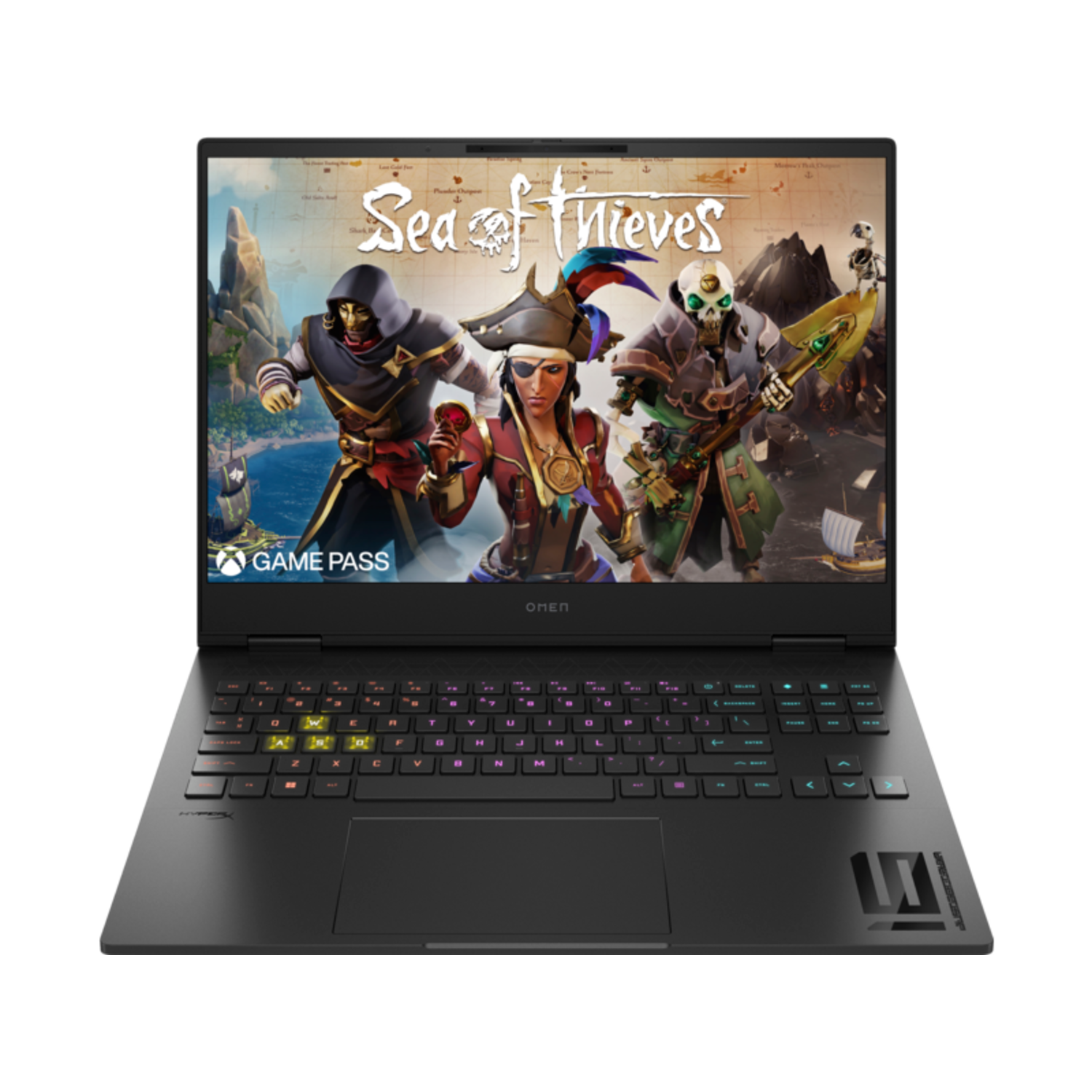 Ordinateur portable affichant le jeu Sea of Thieves. L'ordinateur est noir avec un clavier coloré.