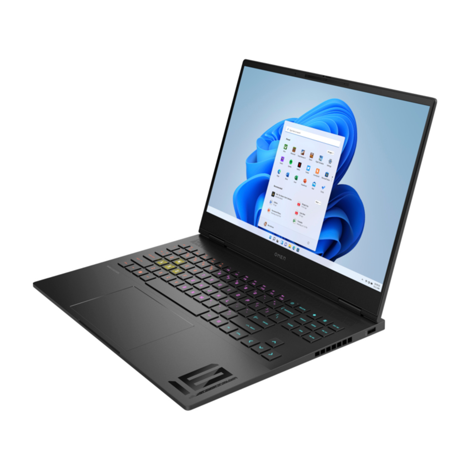 Ordinateur portable Omen noir, ouvert, affichant l'interface Windows 11. Le clavier a des touches colorées. L'écran montre un fond bleu abstrait.