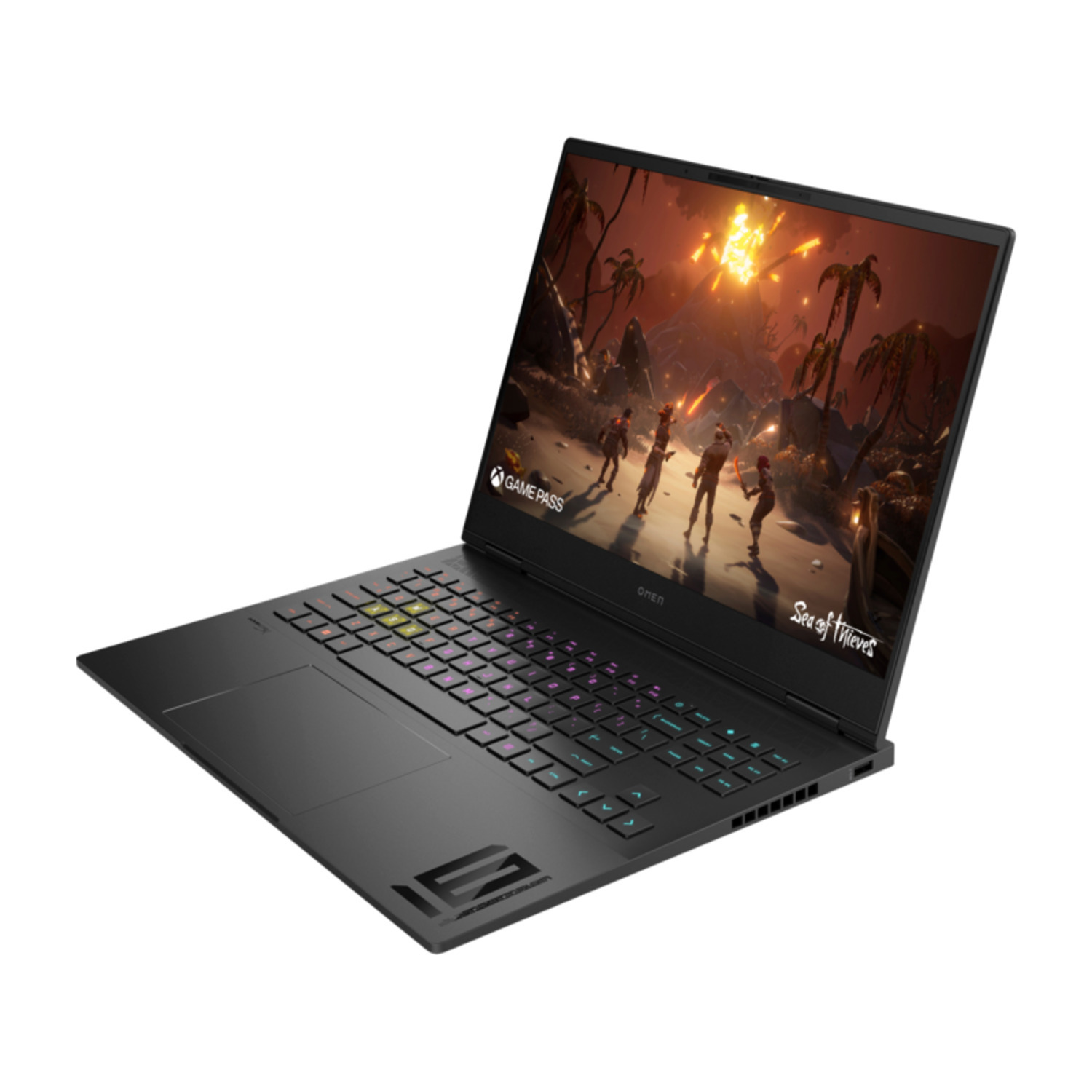 Ordinateur portable noir, ouvert. L'écran affiche une scène de jeu avec des personnages et des explosions. Le clavier a des touches colorées. Logos OMEN et Sea of Thieves visibles.