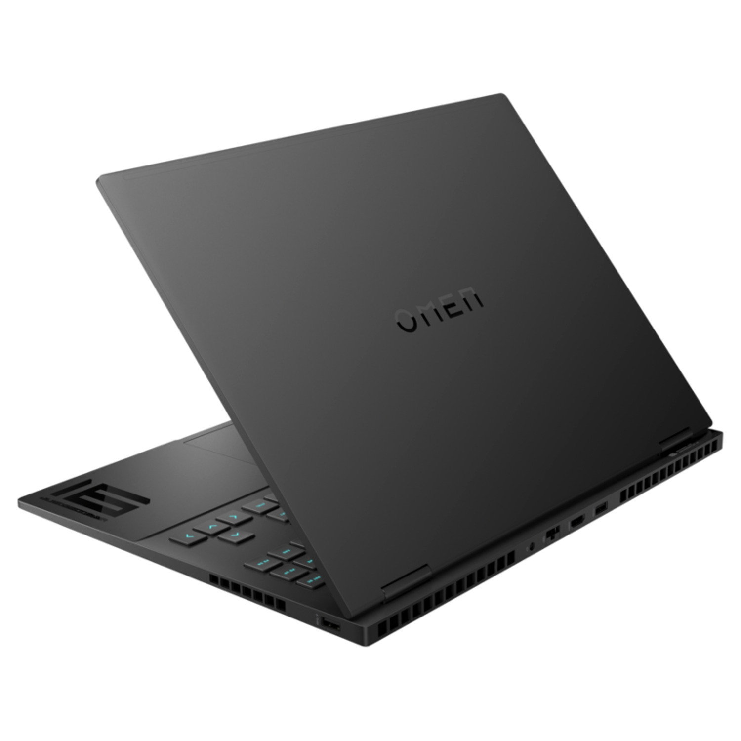 Un ordinateur portable noir est légèrement ouvert, affichant le clavier et le logo OMEN sur le couvercle. Le fond est blanc.