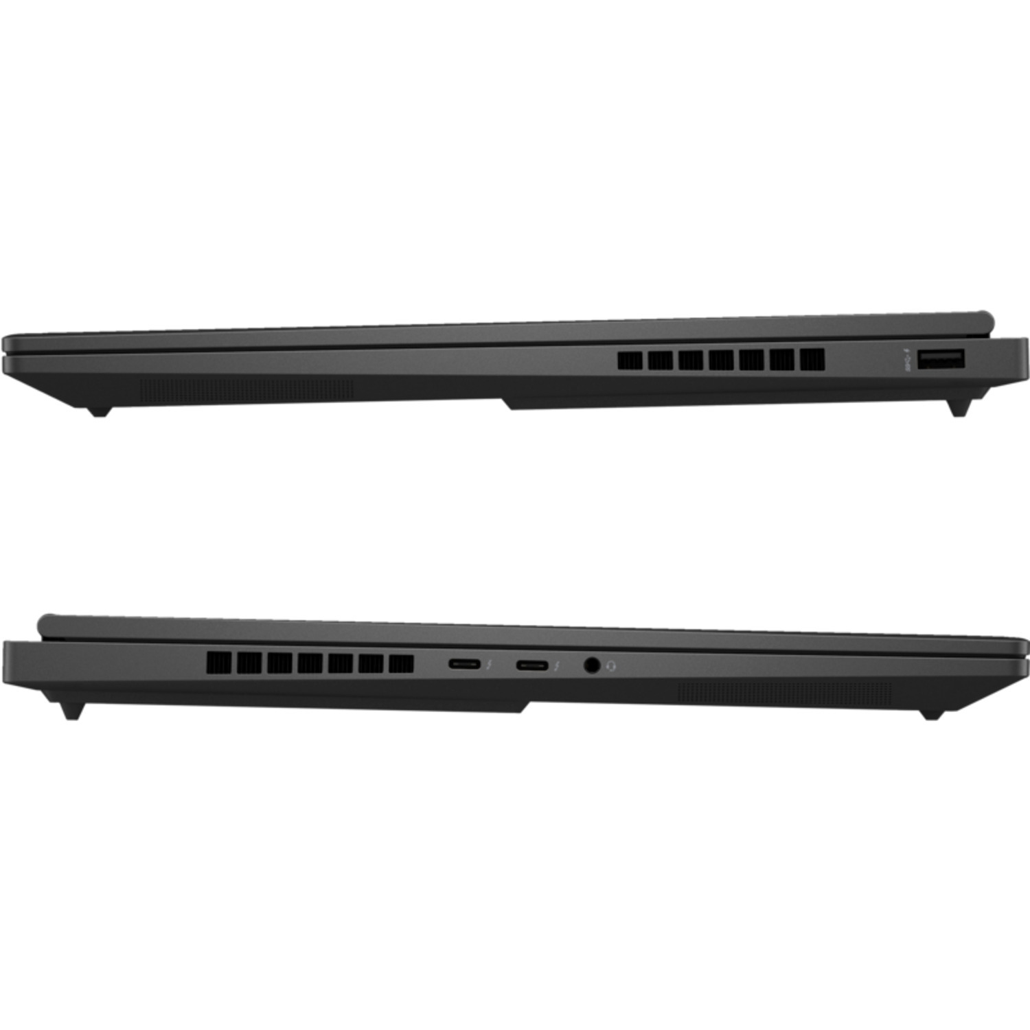 Deux vues latérales d'un ordinateur portable gris fermé. La vue de dessus montre des évents et un port USB. La vue de dessous a différents ports.