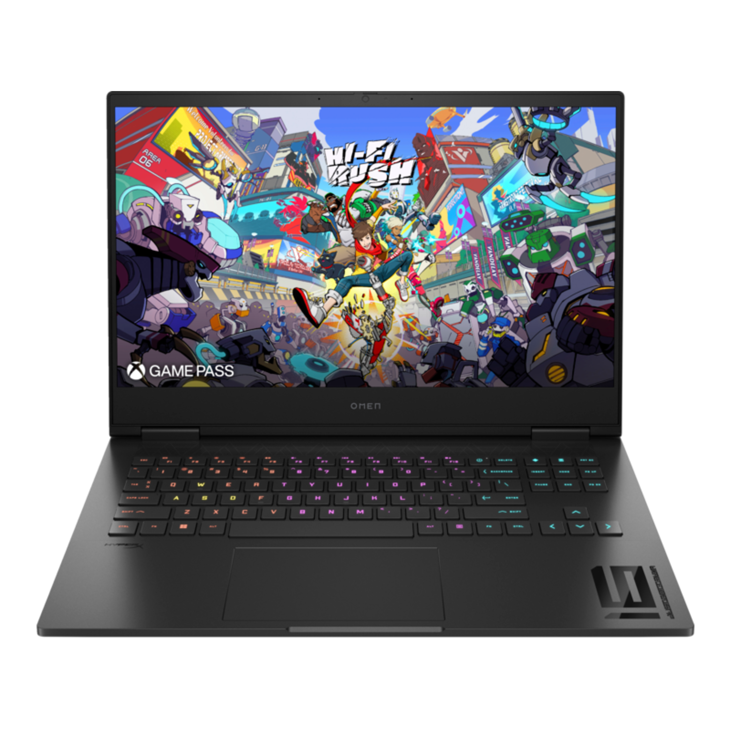 Zwarte laptop met gamescherm, toetsenbord en OMEN-logo.