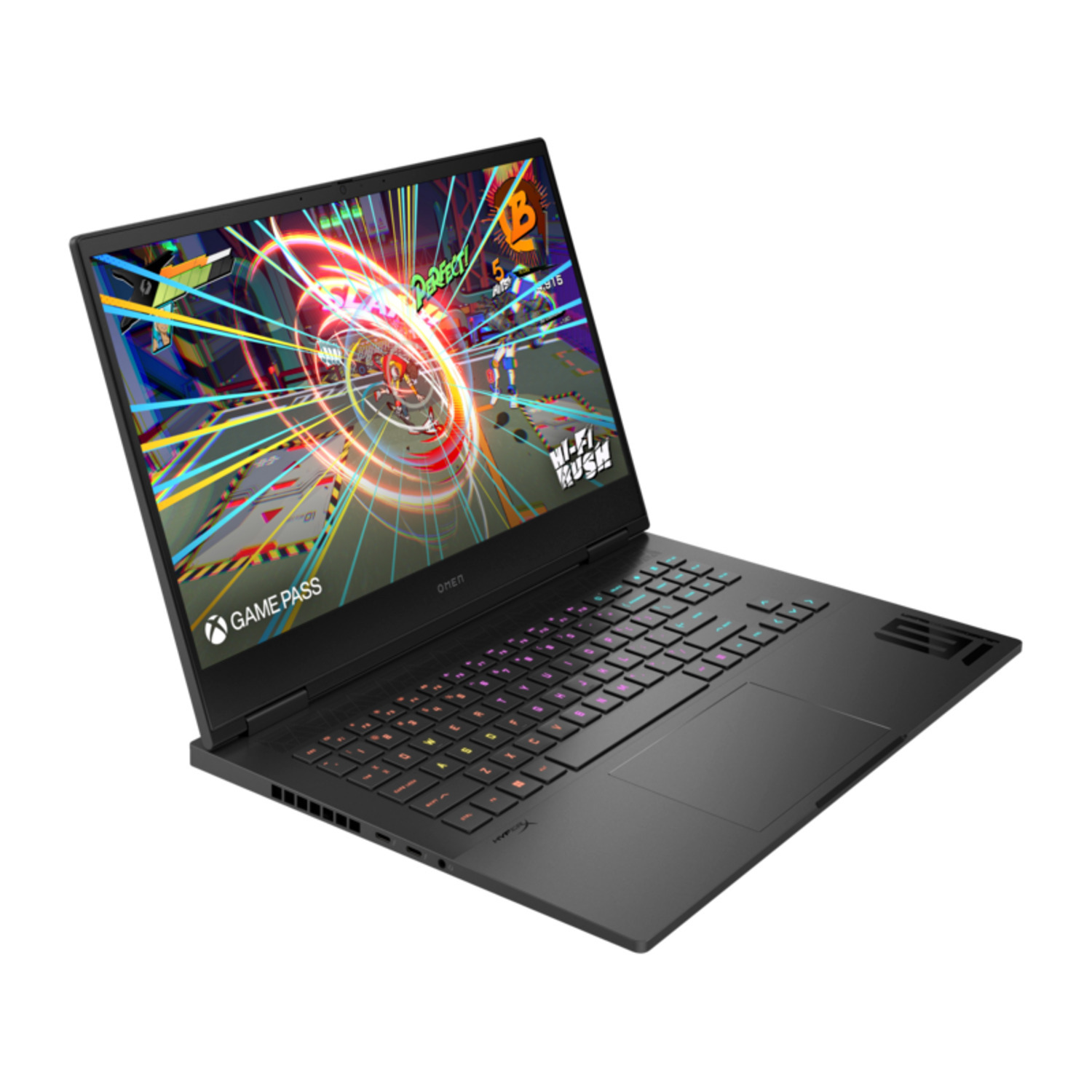 Zwarte Omen laptop met game scherm, schuine weergave. Toetsenbord zichtbaar, met kleurrijke achtergrondverlichting.