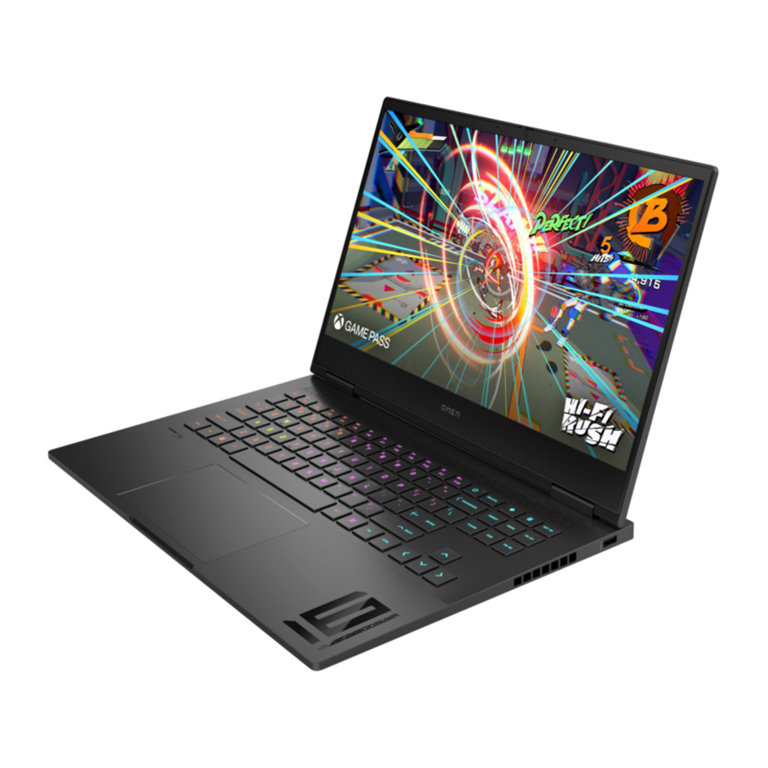 Een zwarte laptop met een gaming-interface op het scherm. Het toetsenbord heeft kleurrijke lichten.