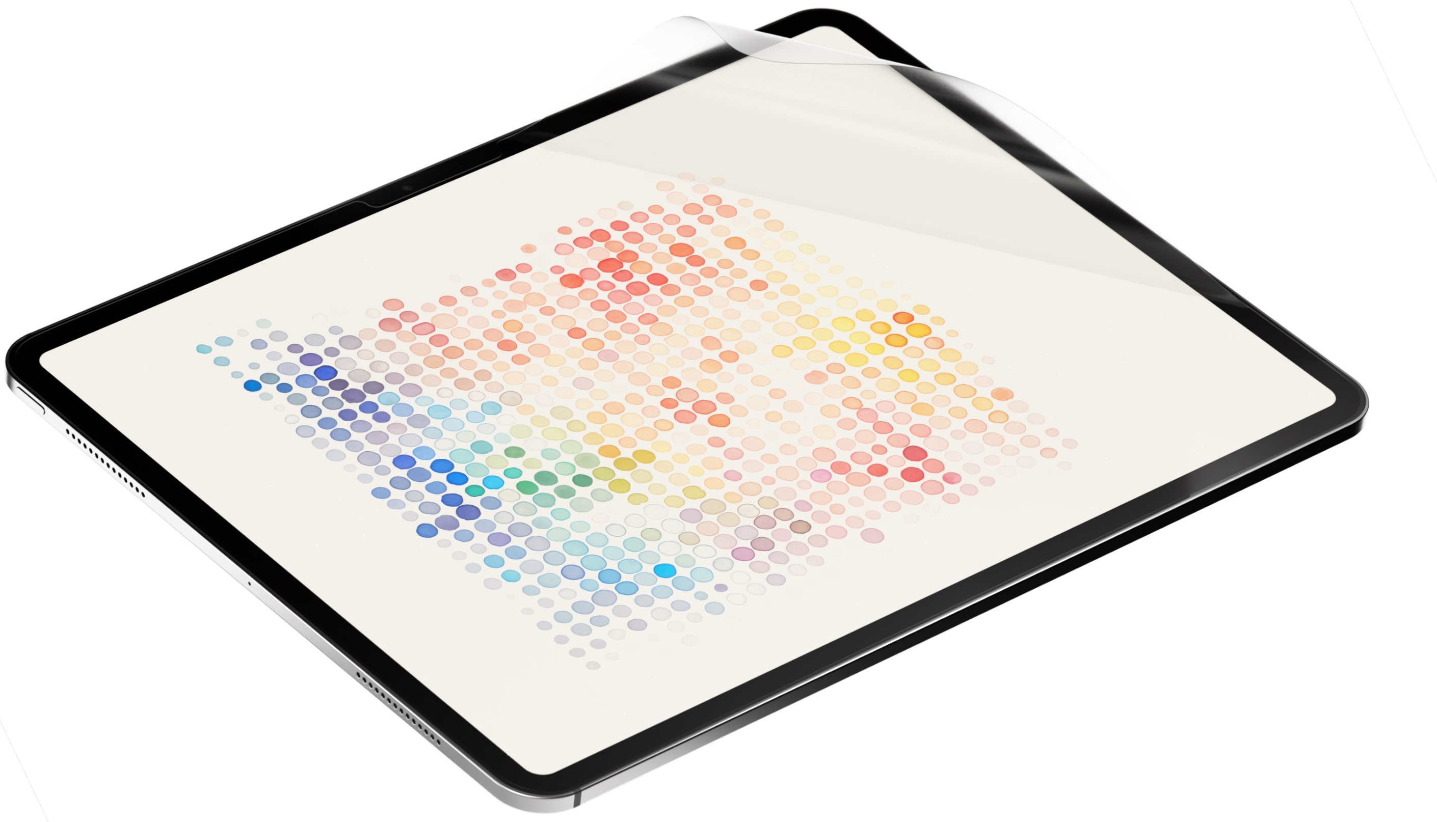 Tablette avec un protecteur d'écran affichant une palette de couleurs à l'écran. Fond blanc. Vue isométrique.