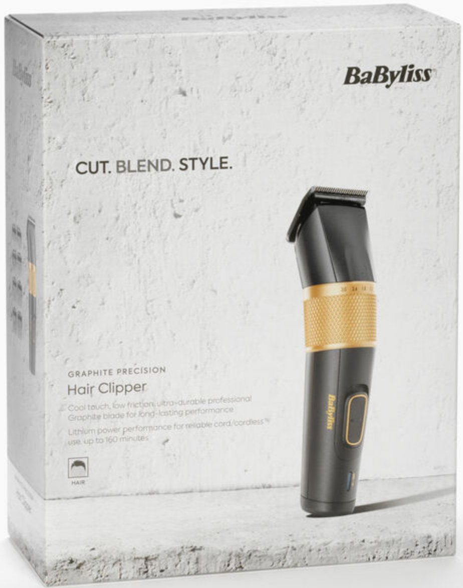 Box mit einem Haarschneider und Text.