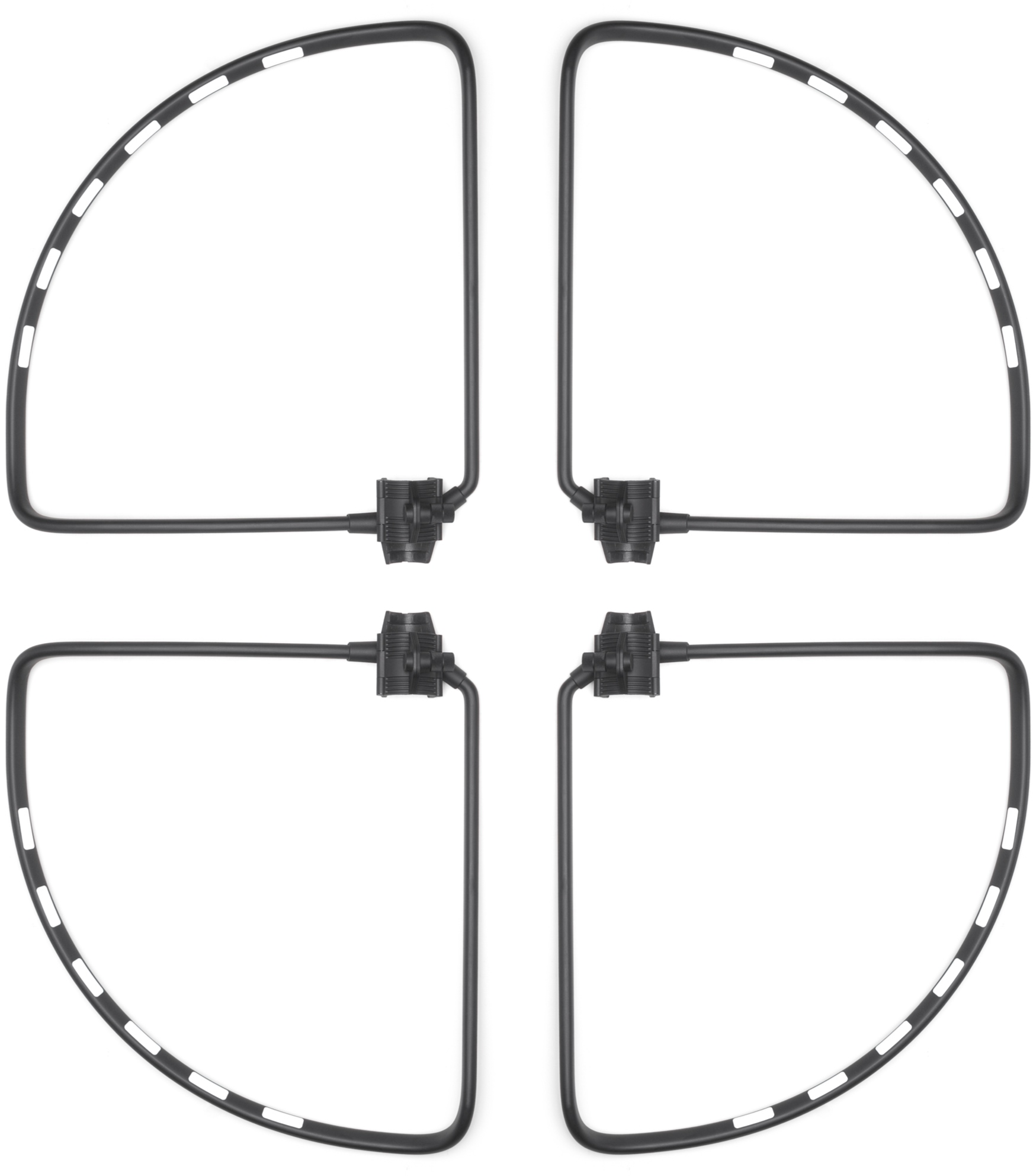 Vier schwarze Drohnen-Propellerschutzvorrichtungen, jede mit einem schwarzen Körper und einer weiß gestreiften Kante.