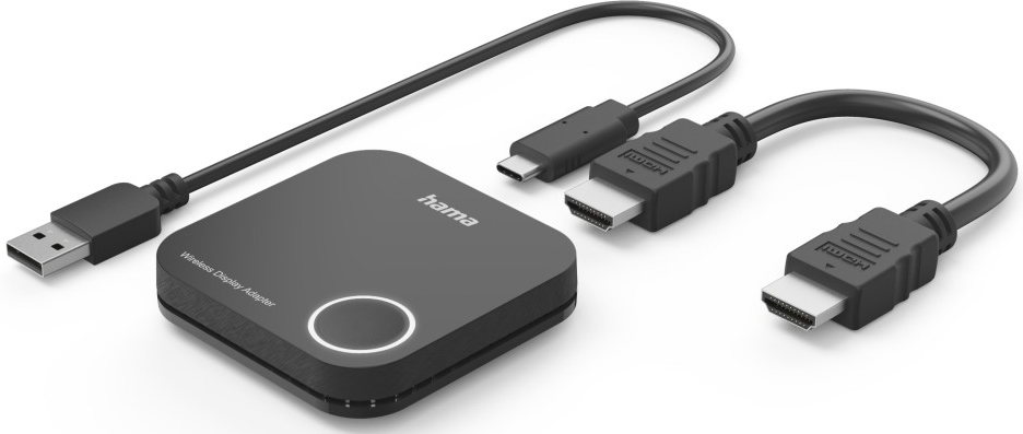 Schwarzer drahtloser Display-Adapter mit USB- und HDMI-Kabeln. Marke Hama mit Lichtring. Weißer Hintergrund.