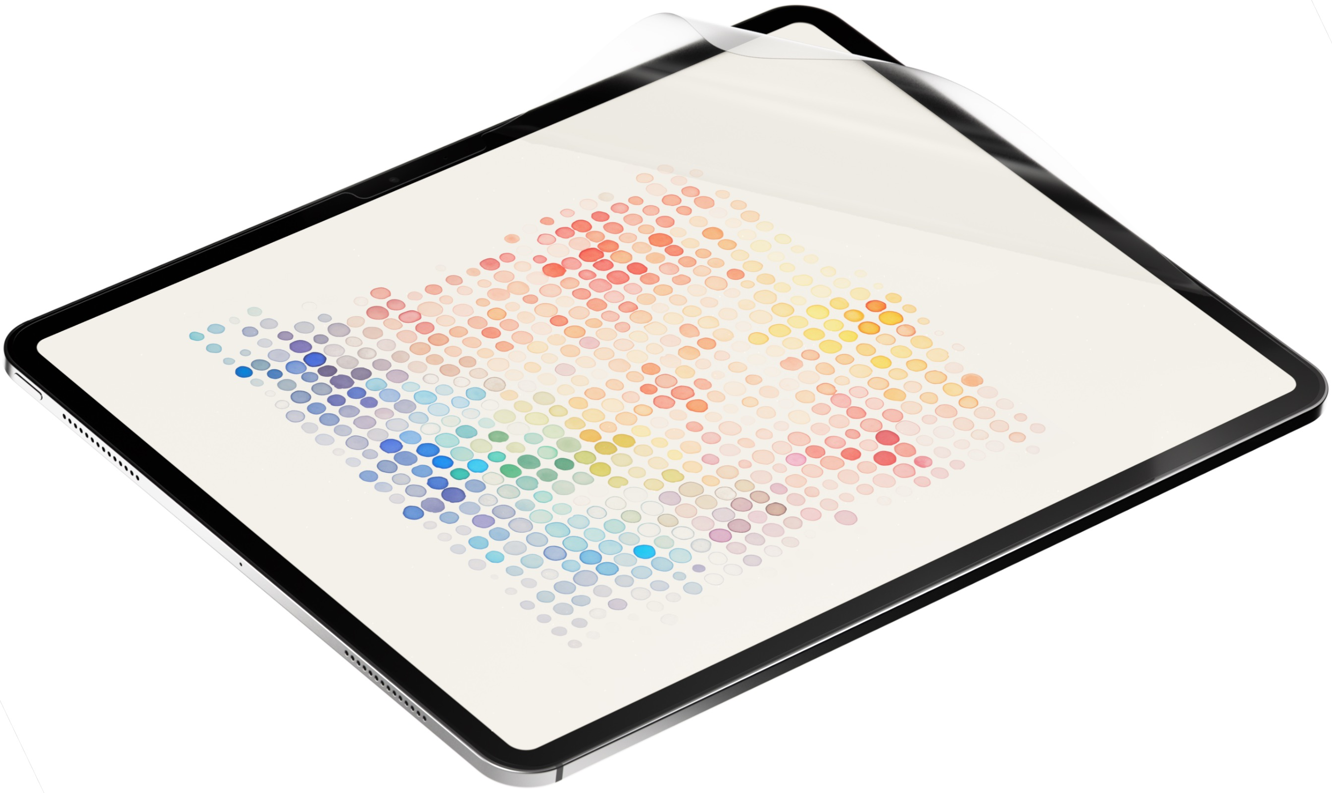 Tablet mit farbenfrohem Muster unter Displayschutzfolie.