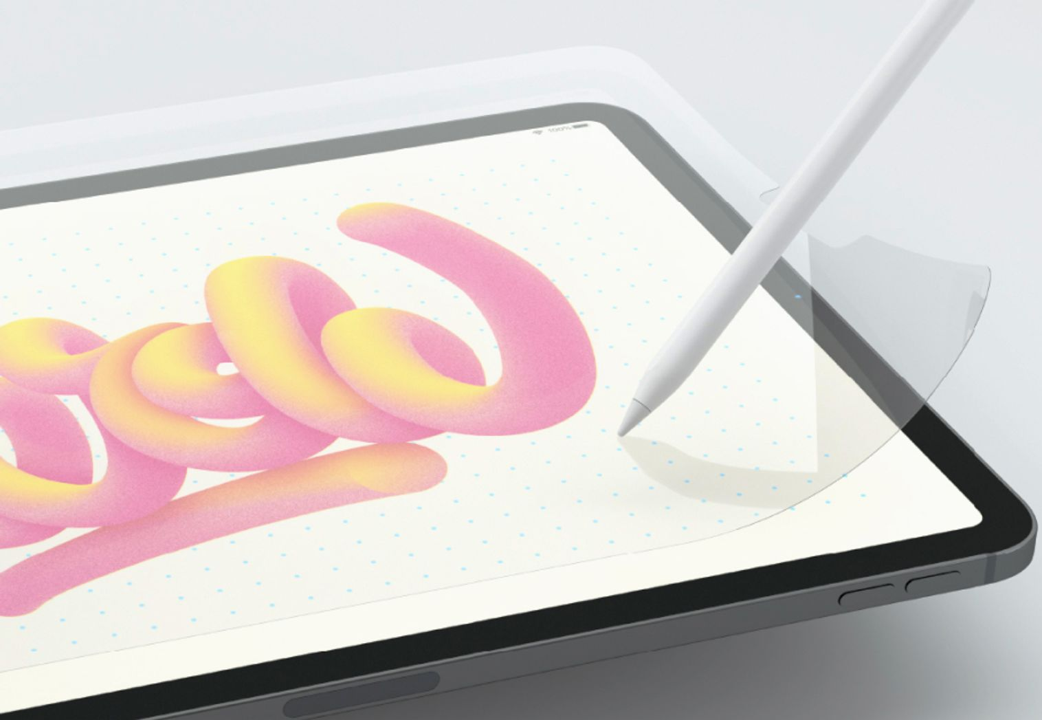 Tablette avec un stylet. Une œuvre d'art numérique est en cours de création sur l'écran.