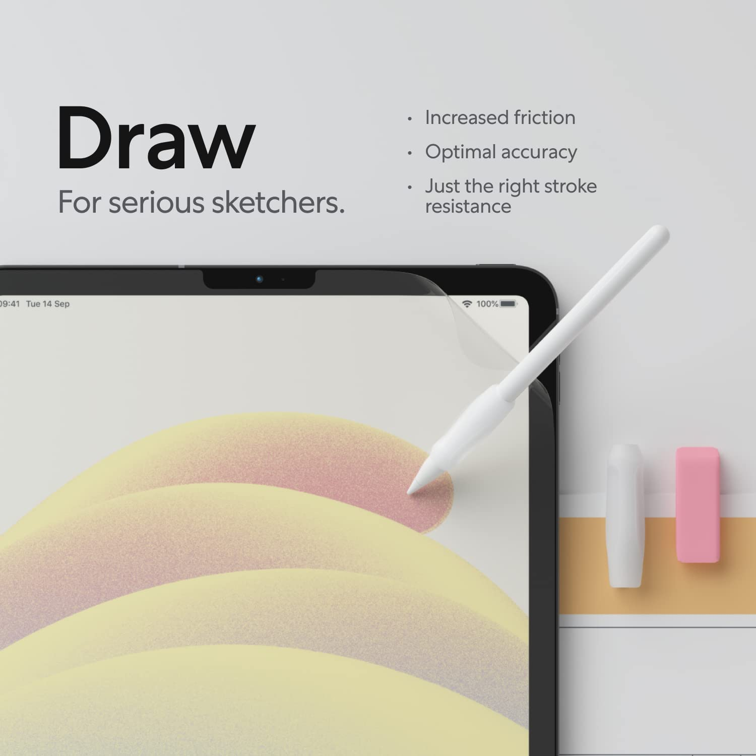 Un iPad Apple et un stylet blanc sur une surface, avec des gommes, du texte à gauche.