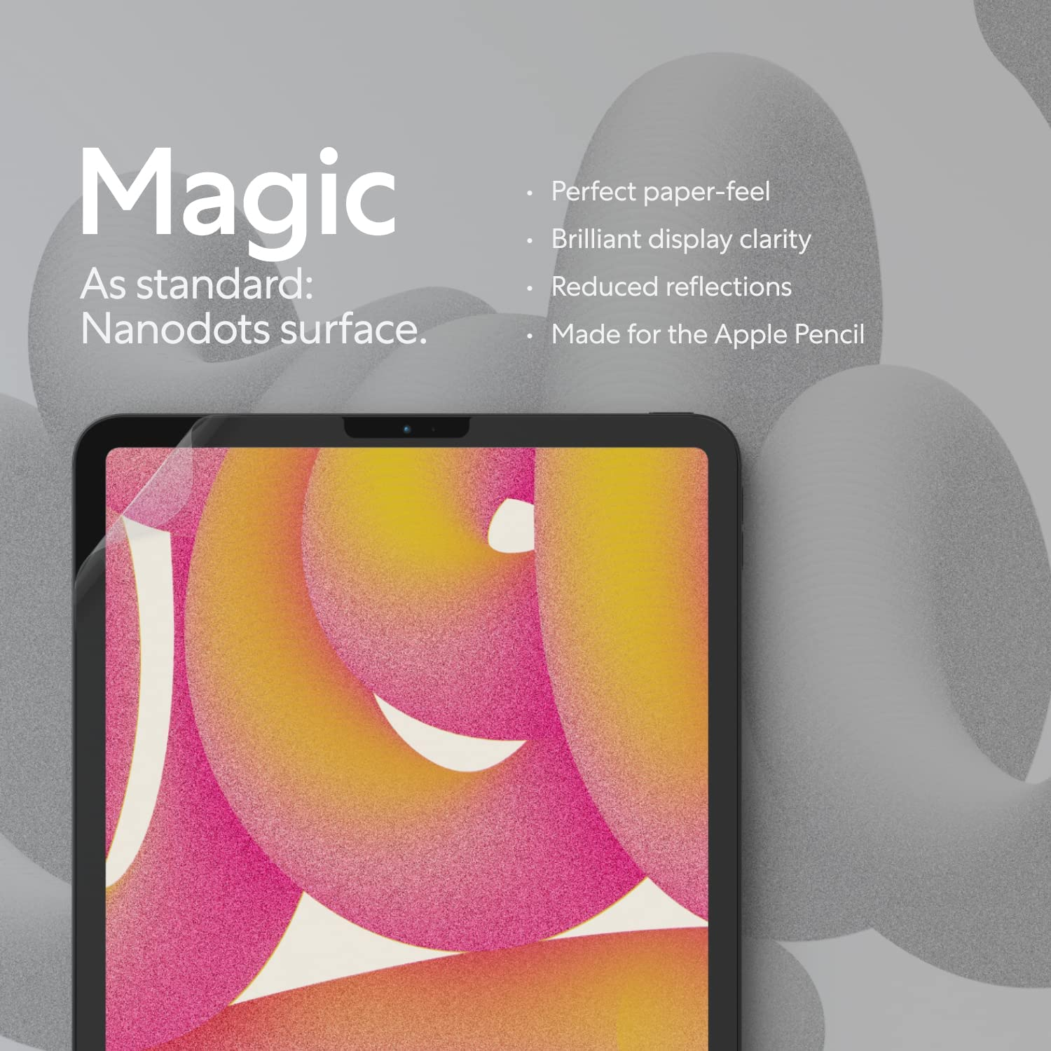 Une tablette avec un protecteur d'écran appliqué et un fond avec du texte.