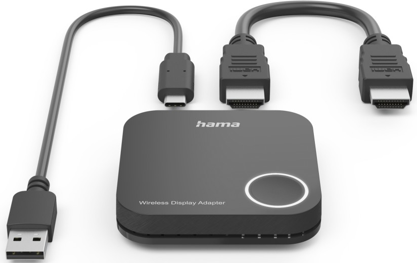 Ein schwarzer Hama Wireless-Display-Adapter mit USB-, HDMI- und USB-C-Kabeln auf weißem Hintergrund. Das Gerät hat einen Lichtring.