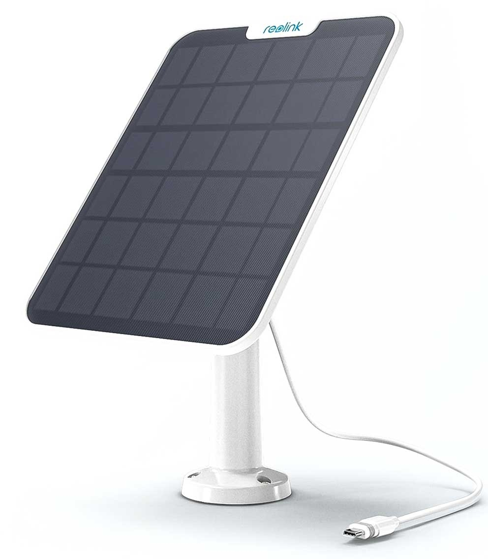Un panneau solaire sur un support blanc. Un câble et un connecteur sont présents.