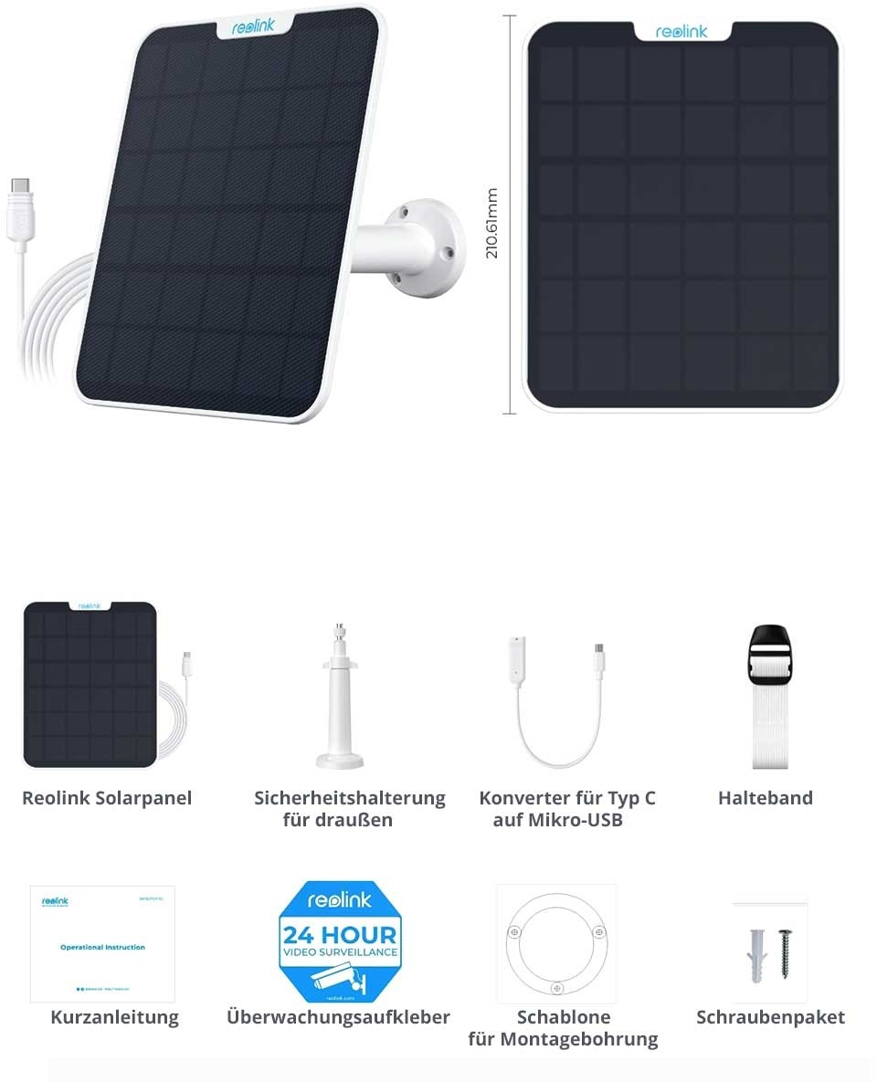 Un panneau solaire Reolink avec un support blanc, un câble et des étiquettes de description. Fond blanc.