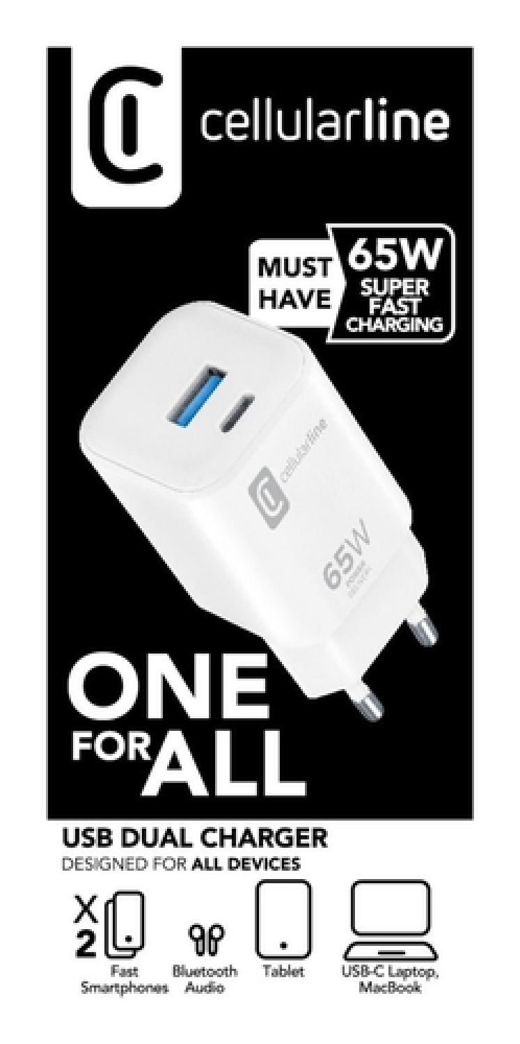 Cargador dual USB blanco. El texto en el cargador dice '65W'. Tiene un puerto USB azul.