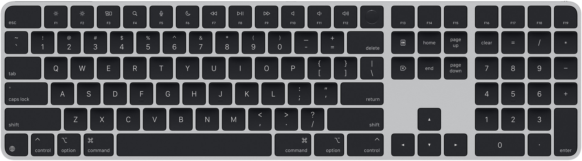 Ezüst Apple billentyűzet fekete gombokkal és fehér betűkkel és számokkal.