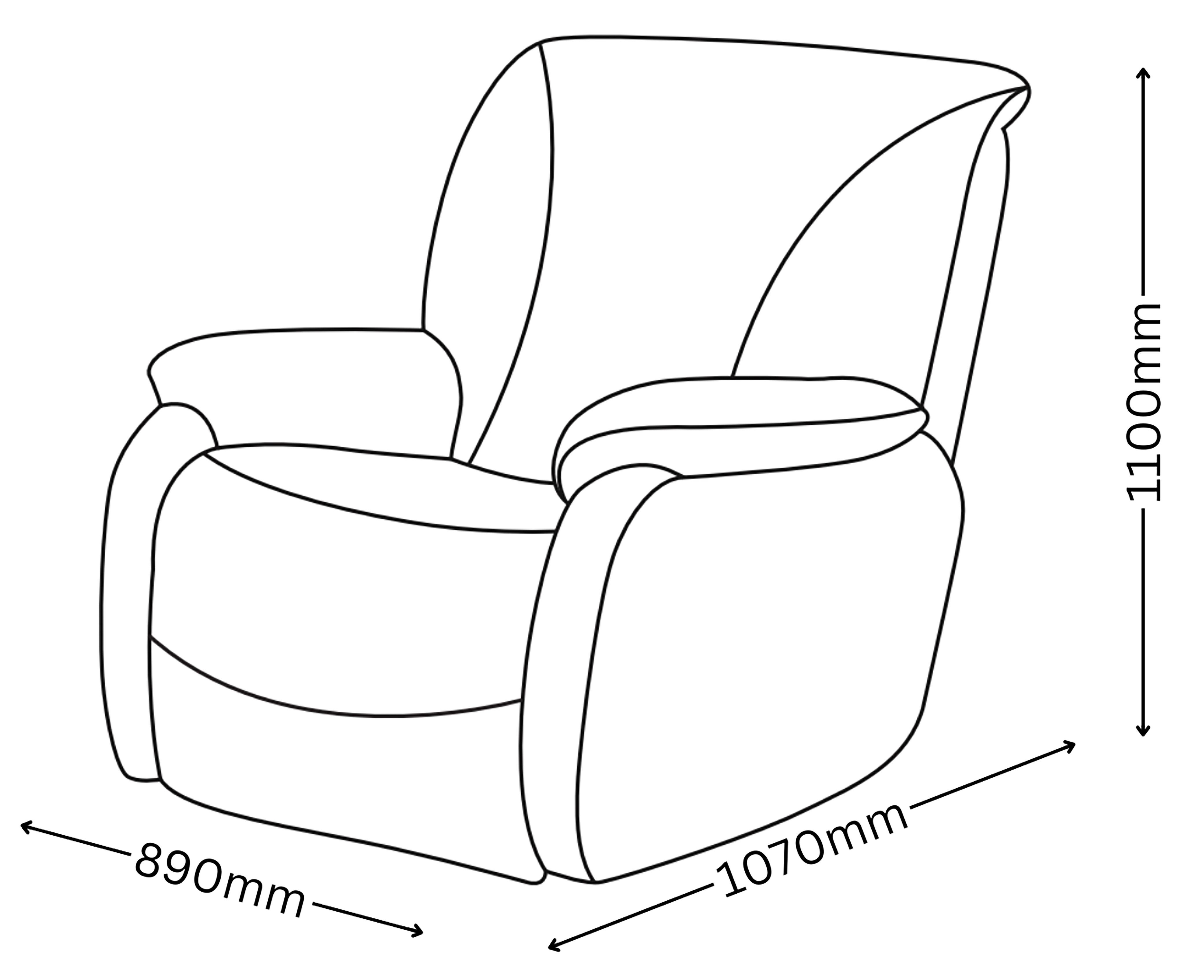 Ein Diagramm eines Relaxsessels. Abmessungen sind enthalten: 890 mm Breite, 1070 mm Länge und 1100 mm Höhe.