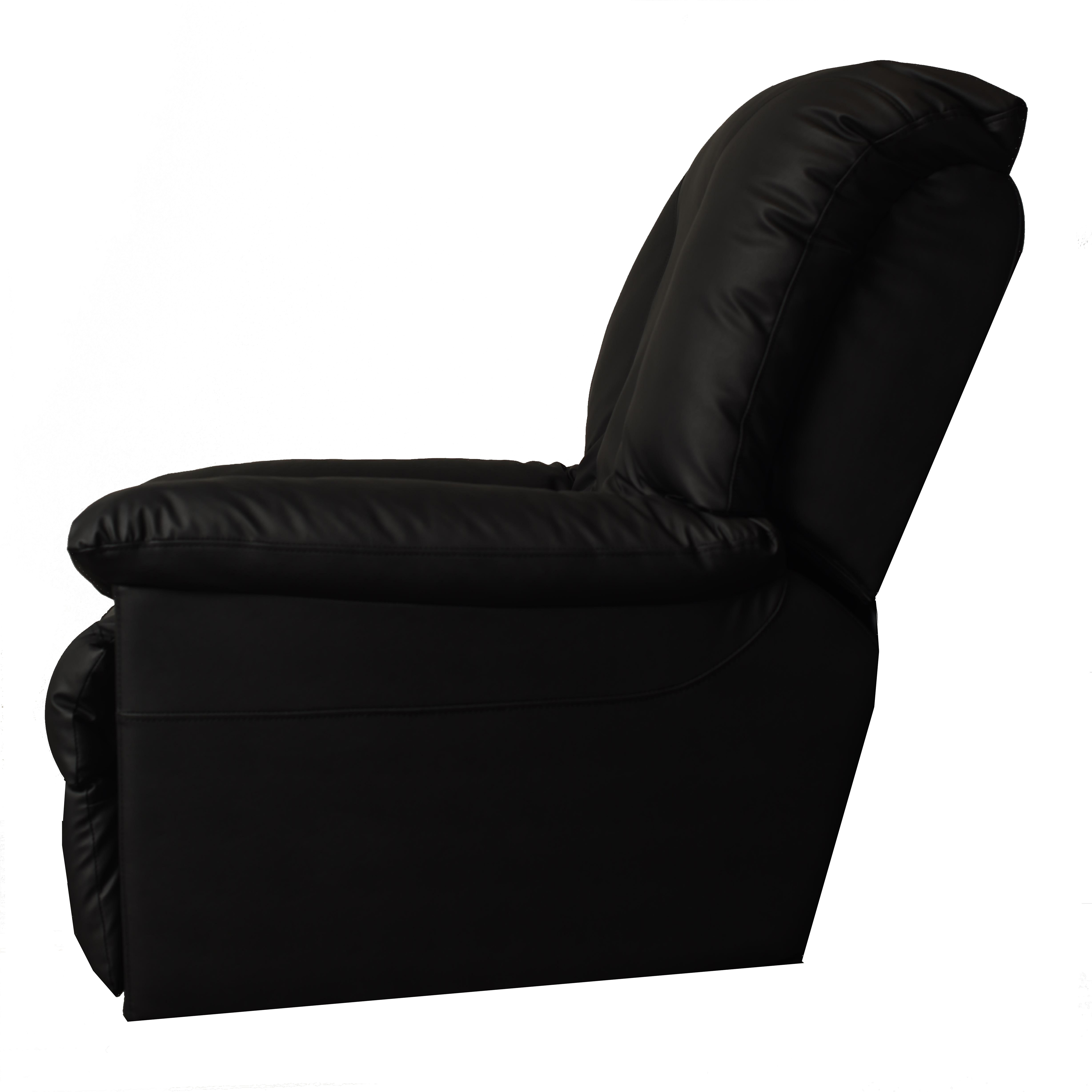 Schwarzer Leder-Relax-Sessel. Er befindet sich in zurückgelehnter Position, auf weißem Hintergrund.