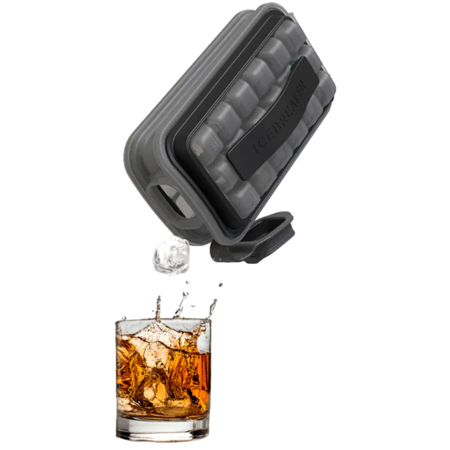 IJsbakje dat ijs afgeeft. Whiskeyglas met spatten. Zwart en grijs.