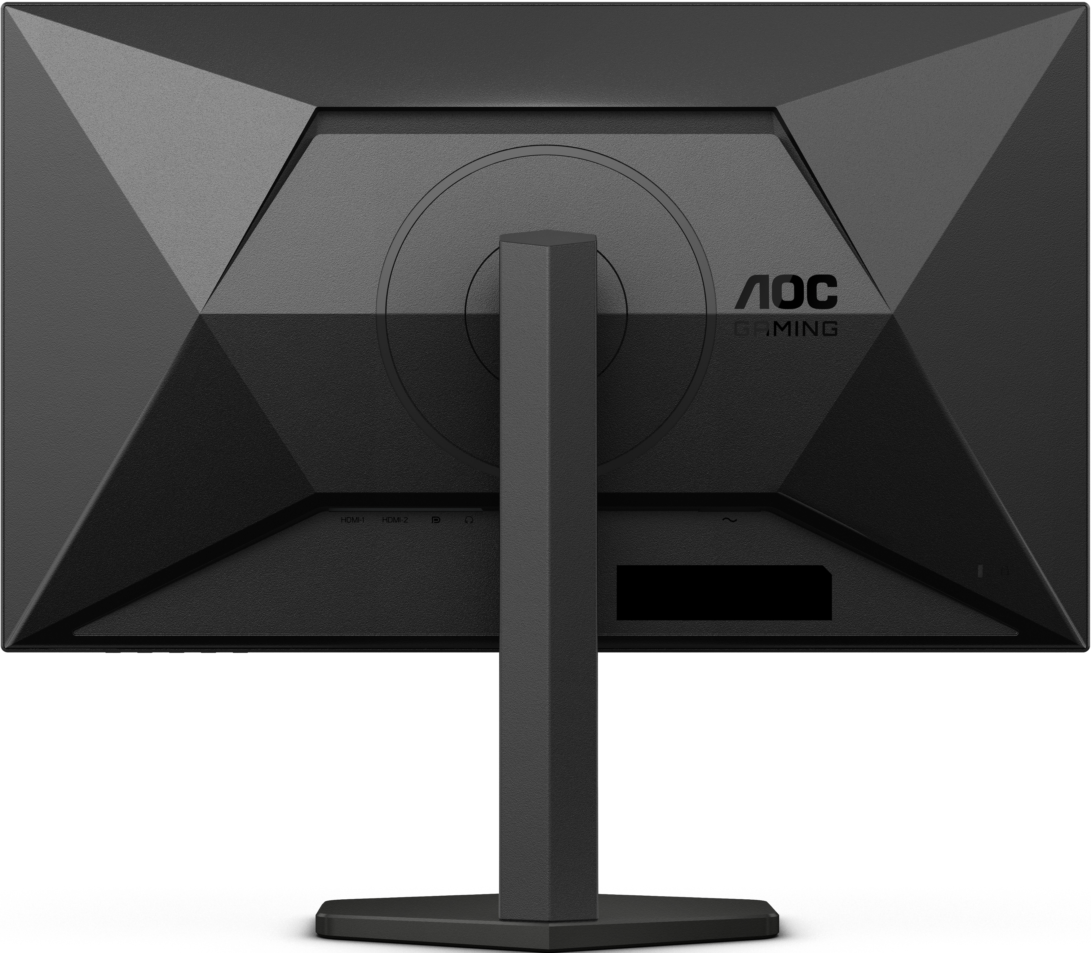 Retro di un monitor con il logo AOC Gaming, porte e supporto. Design nero angolare.