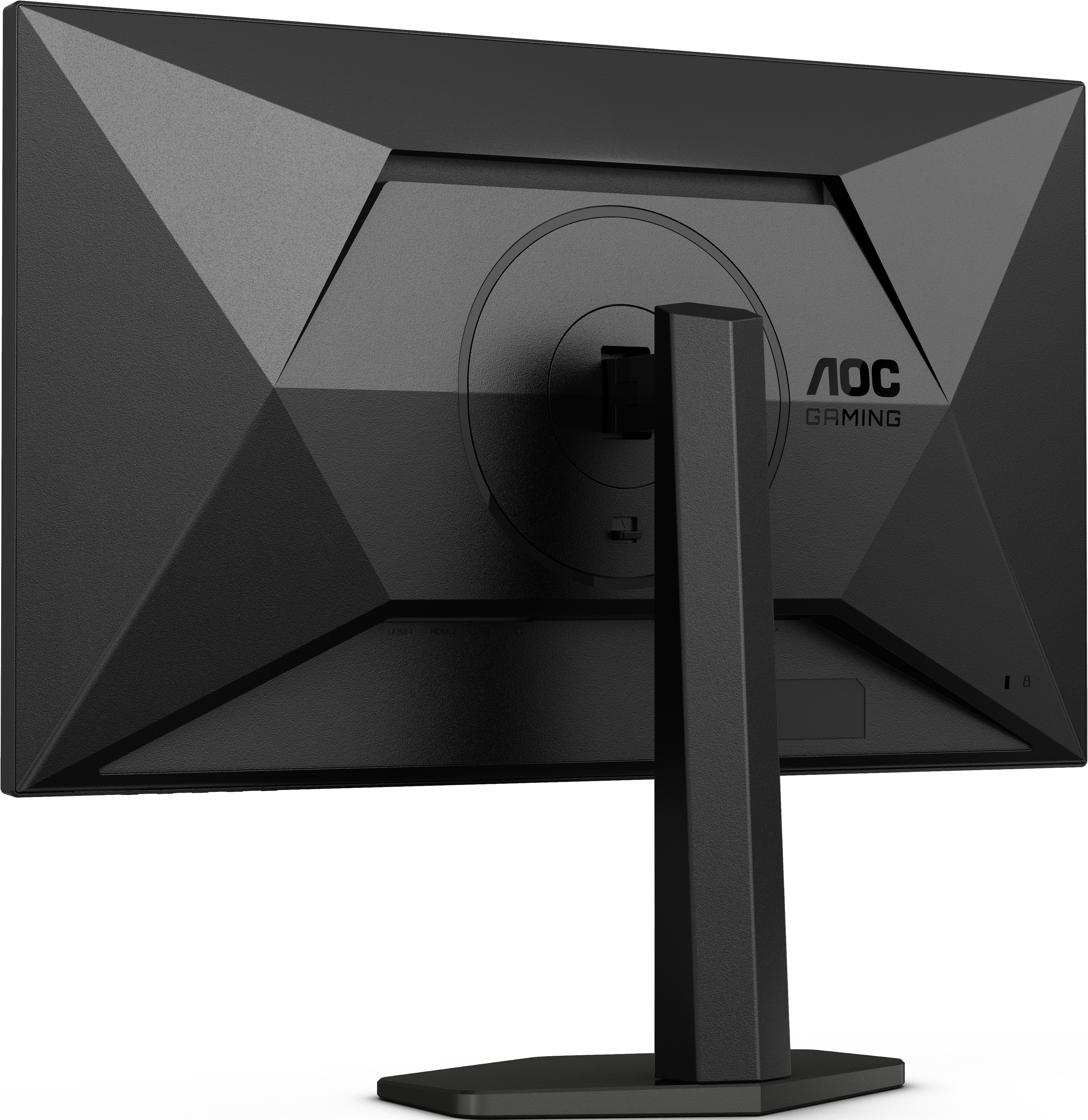 Retro di un monitor da gioco nero. Con supporto, logo AOC Gaming.