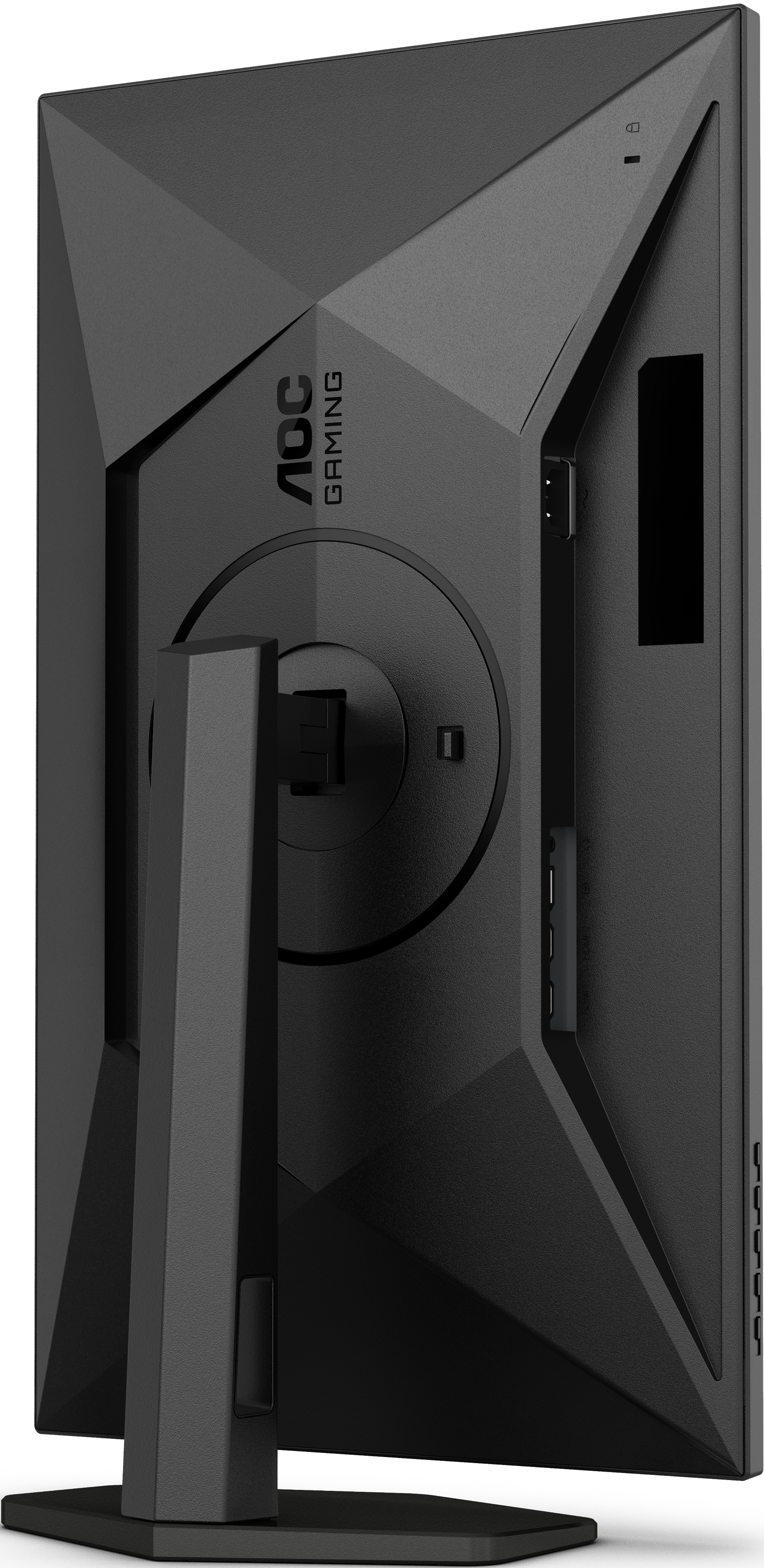 Monitor del computer nero, vista posteriore. Il supporto è nero e il monitor ha un design elegante e moderno. Logo AOC Gaming.
