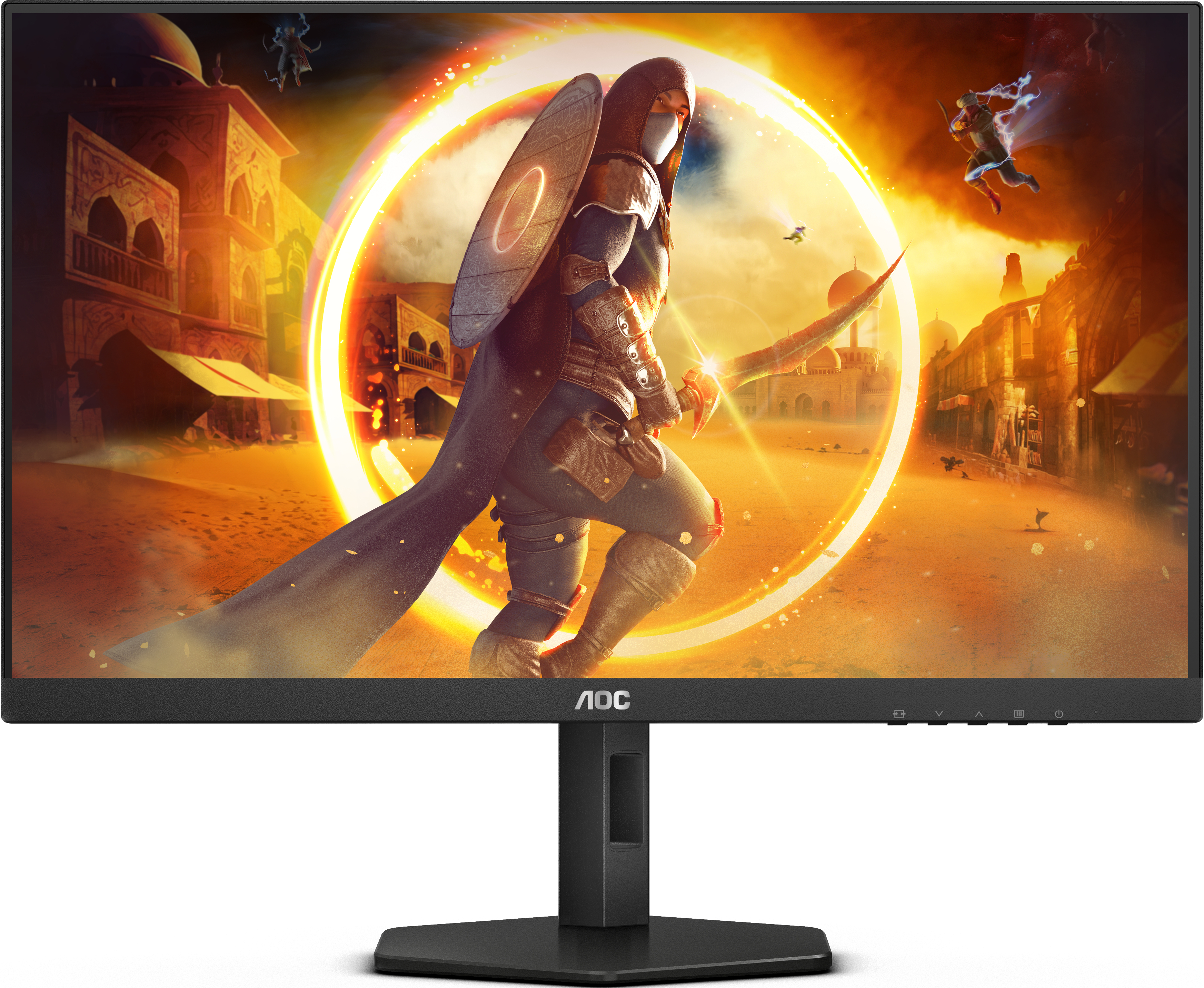 Il monitor mostra una scena di gioco, una figura incappucciata con scudo e spada, con una città sullo sfondo.
