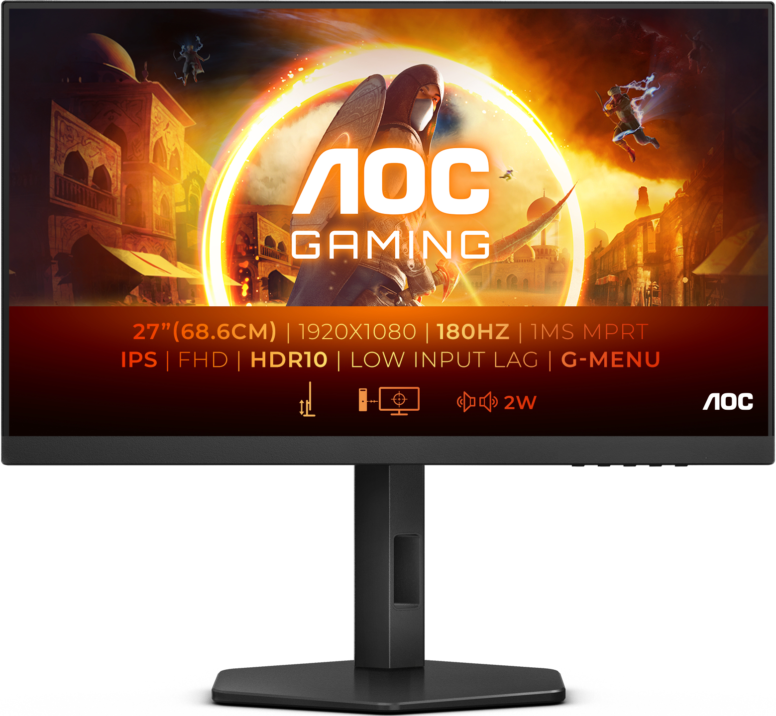 Un monitor per computer nero che mostra le specifiche. Il monitor ha un supporto nero.