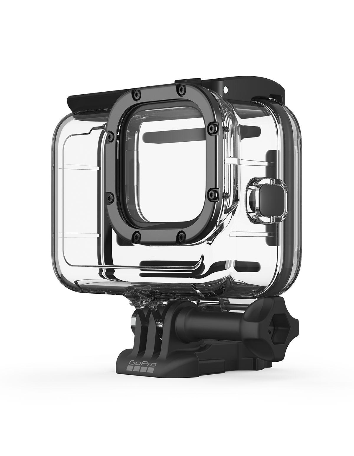 Transparente GoPro-Kamera-Hülle mit schwarzen Akzenten, auf weißem Hintergrund, schräge Ansicht.