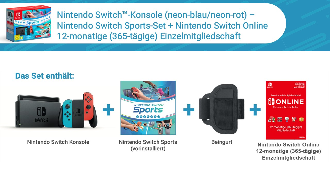 Nintendo Switch Box-Set mit Konsole, Joy-Cons, Sportspiel, Handgelenkband und Online-Mitgliedschaft.