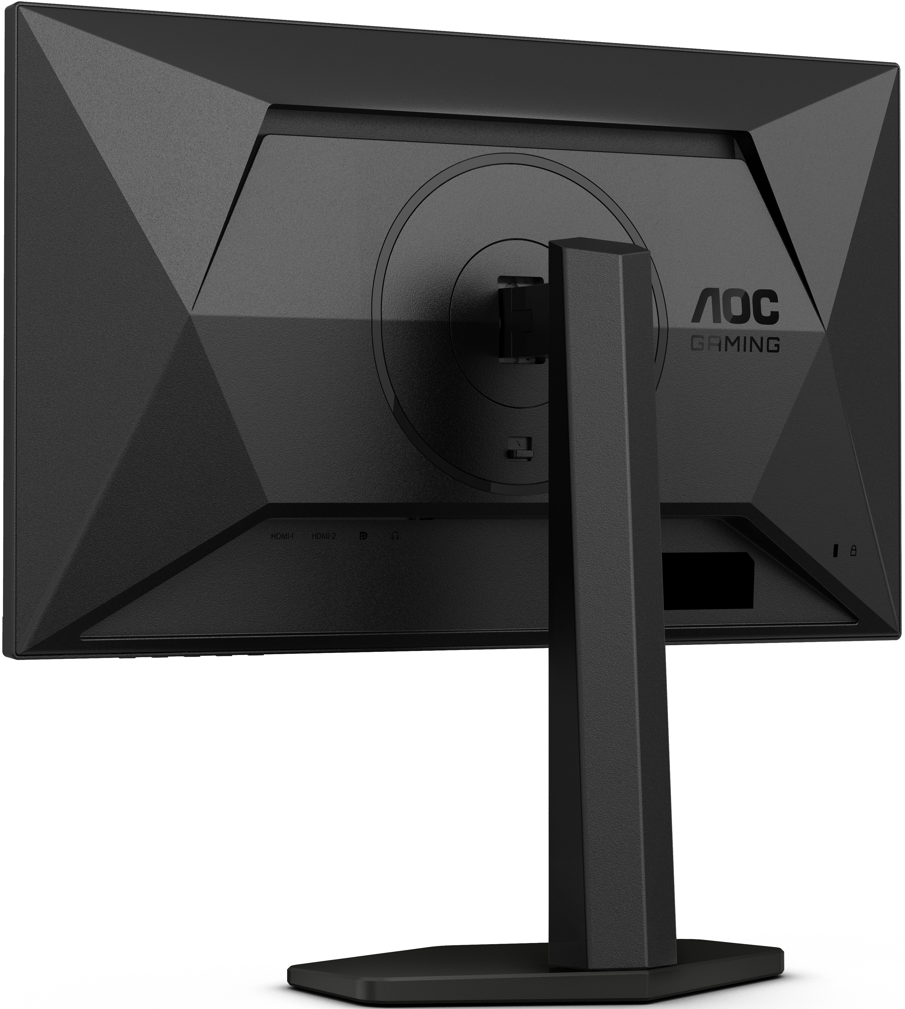 Rückseite eines schwarzen Computermonitors mit dem AOC Gaming-Logo und Anschlüssen.