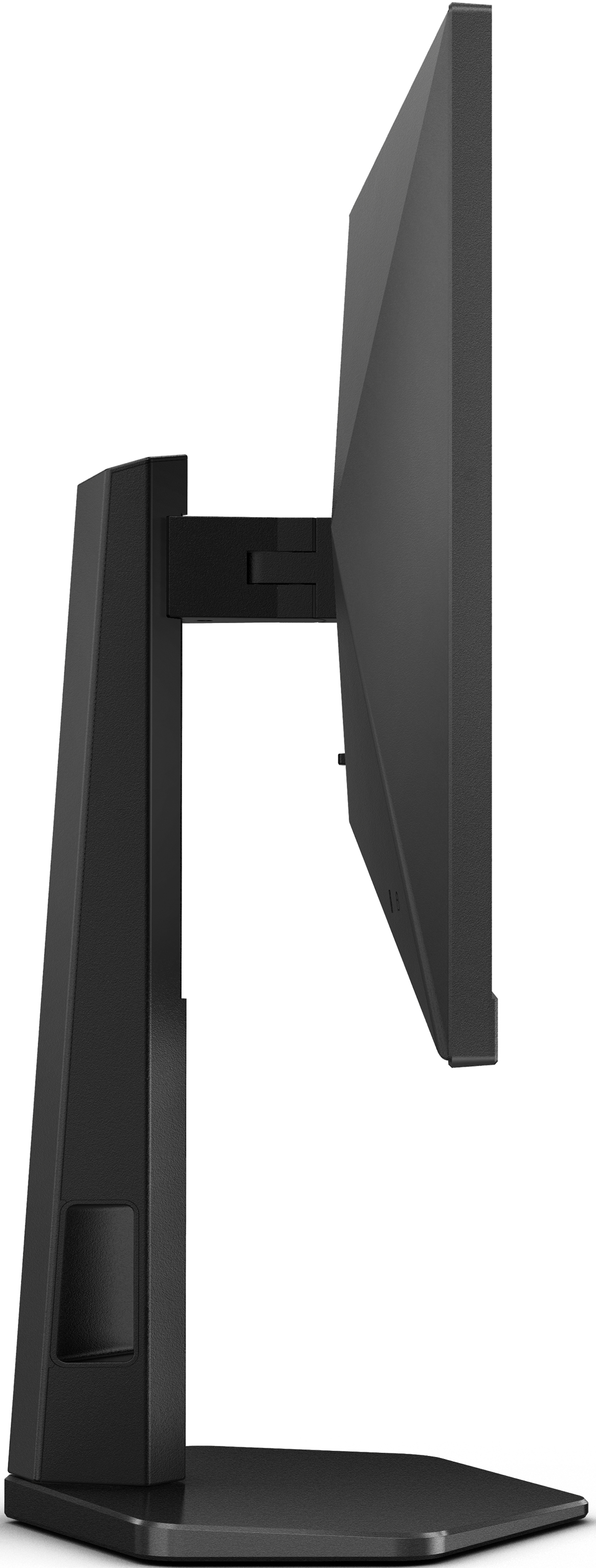 Seitenansicht eines schwarzen Computermonitors mit Ständer. Der Monitor ist hoch und dünn.