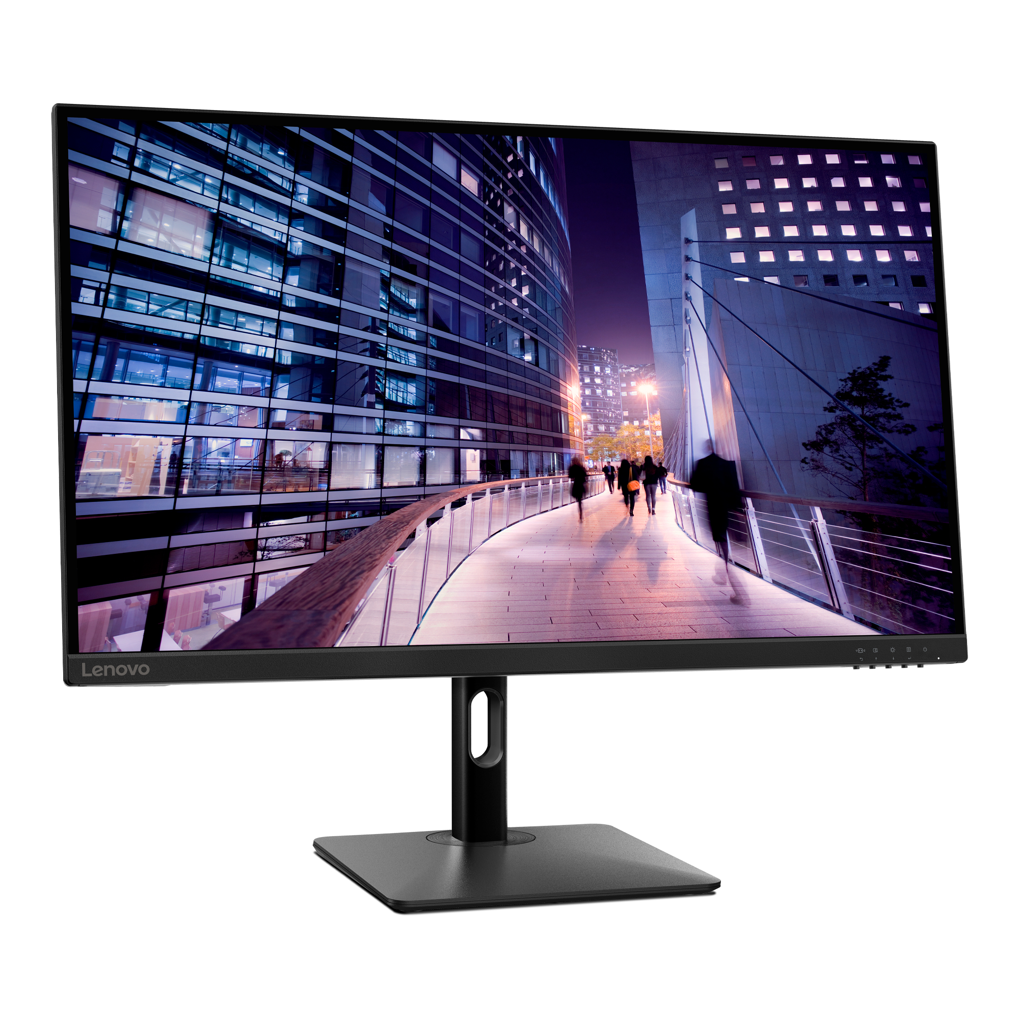Ein Lenovo-Monitor zeigt eine Stadt bei Nacht mit einer Brücke und silhouettierten Menschen.
