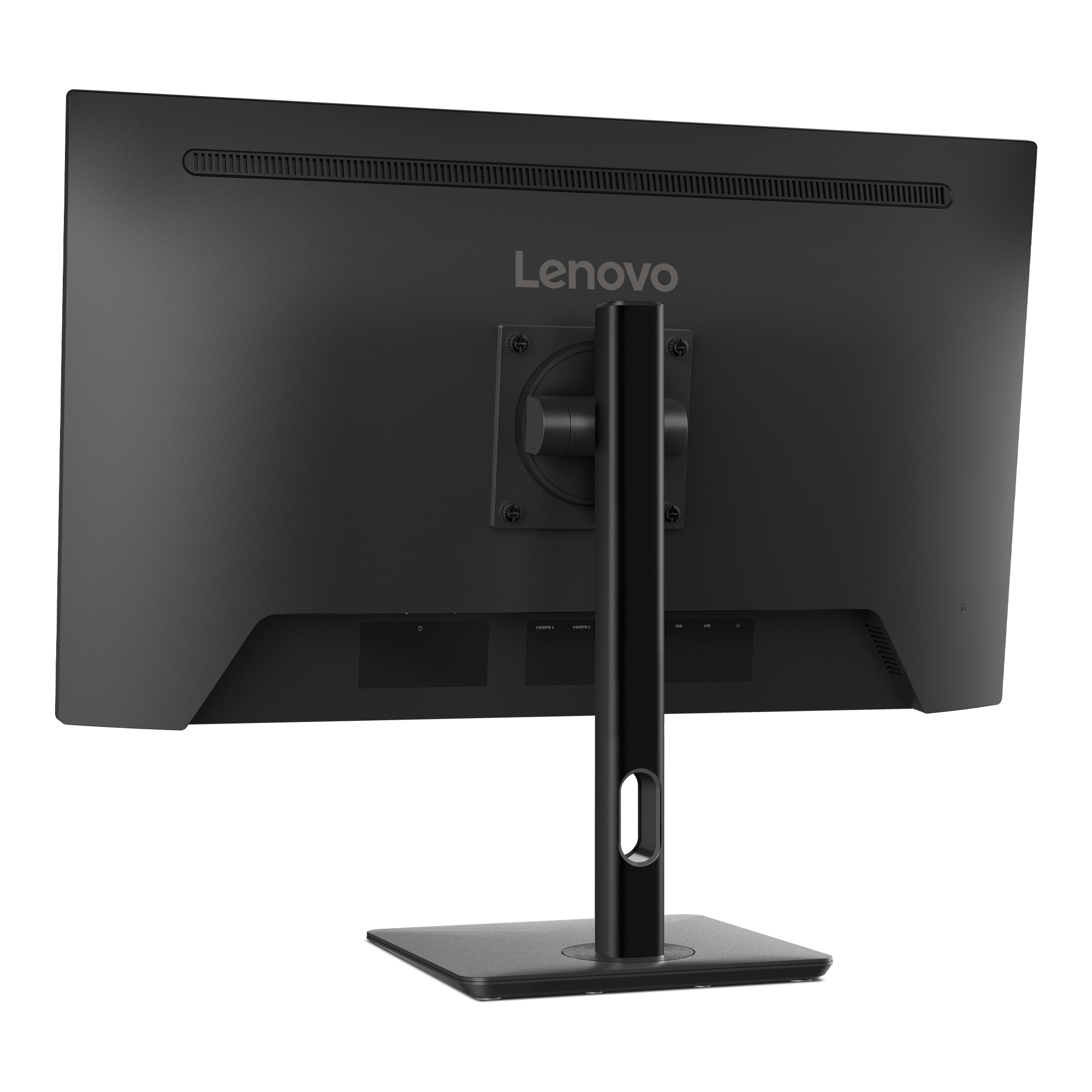 Schwarzer Lenovo-Monitor, Rückansicht, mit Ständer und Anschlüssen.