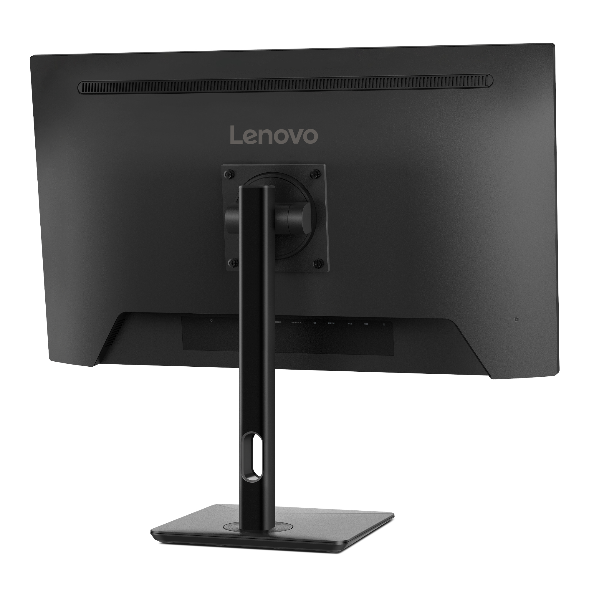 Die Rückseite eines schwarzen Lenovo-Computermonitors mit Ständer, vor weißem Hintergrund.