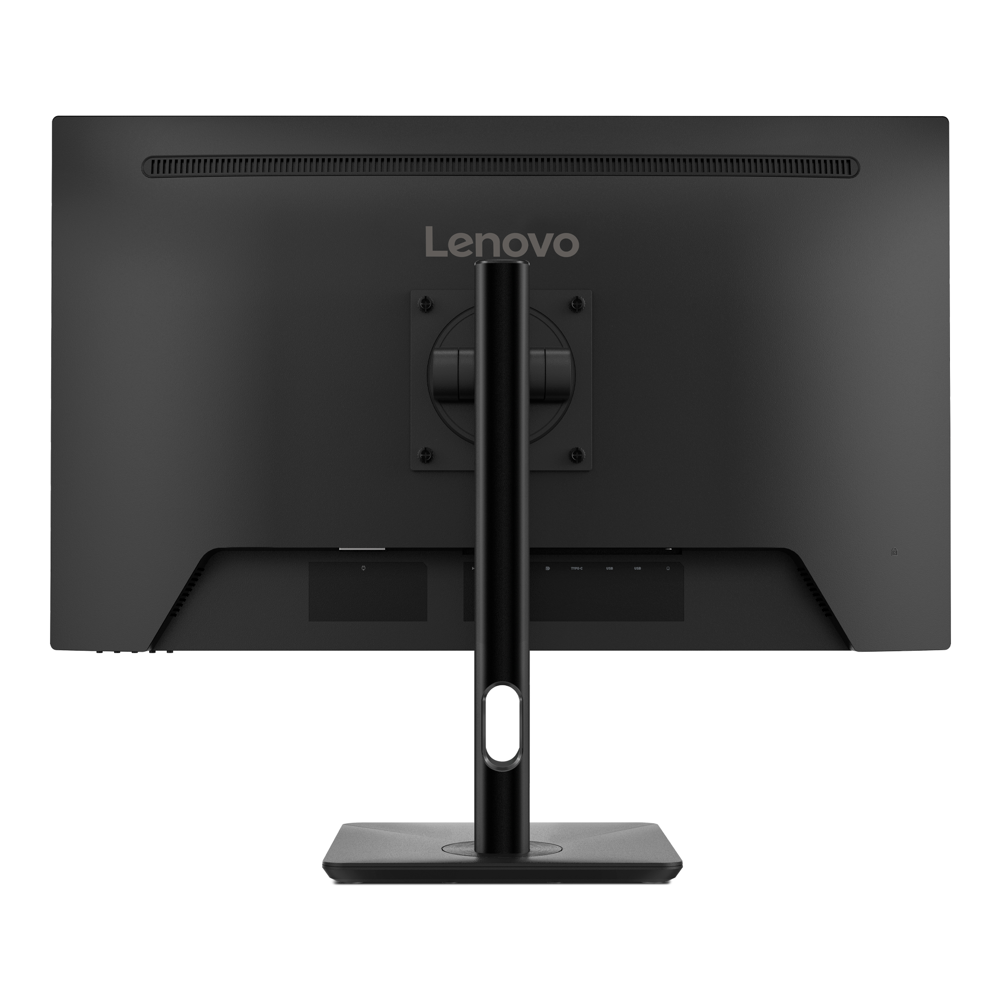 Rückansicht eines schwarzen Lenovo-Monitors mit Ständer, Anschlüssen und Lenovo-Logo sichtbar.
