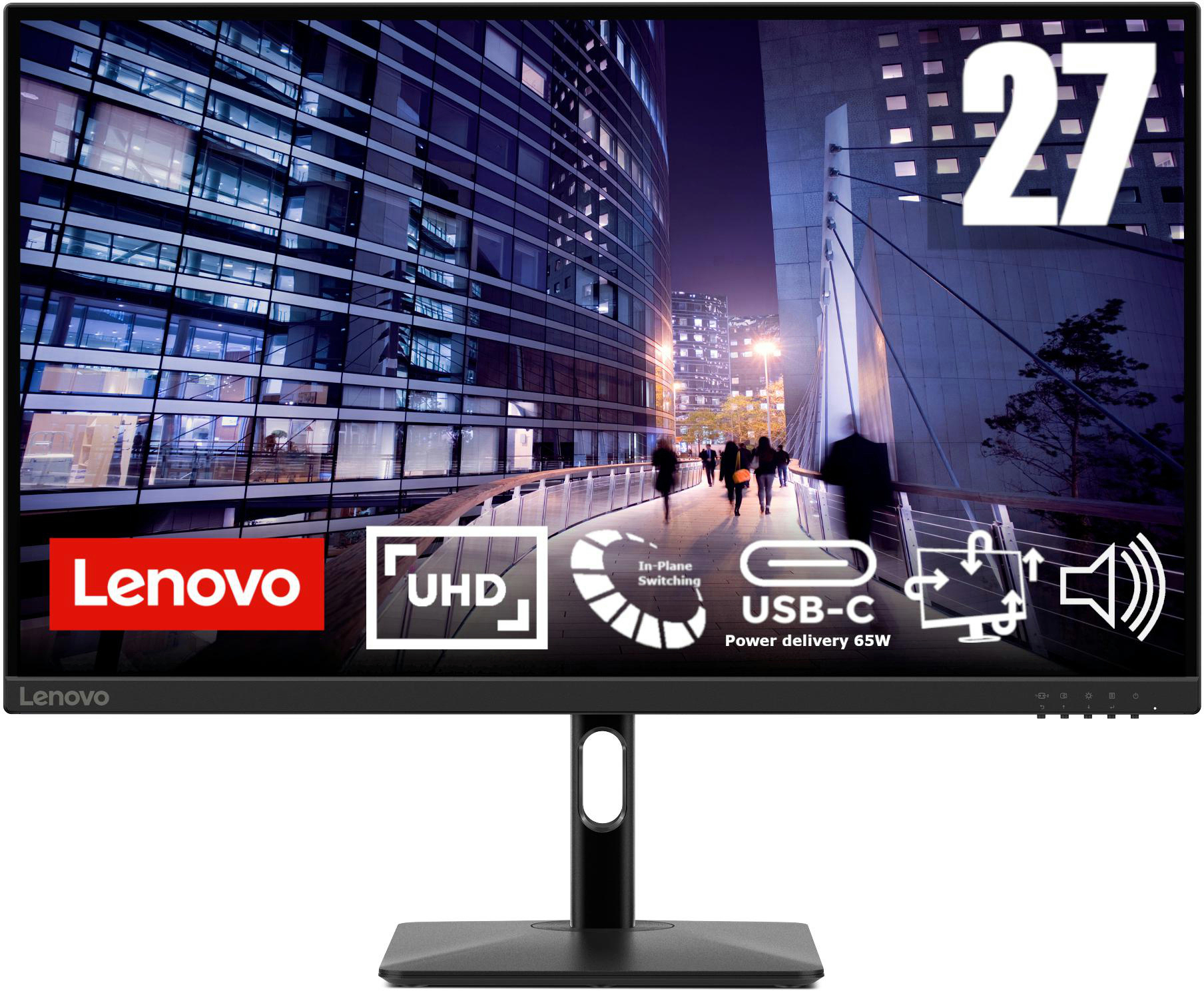 Lenovo 27" Monitor mit Grafik. Der Monitor verfügt über UHD, USB-C und In-Plane-Switching-Technologie.