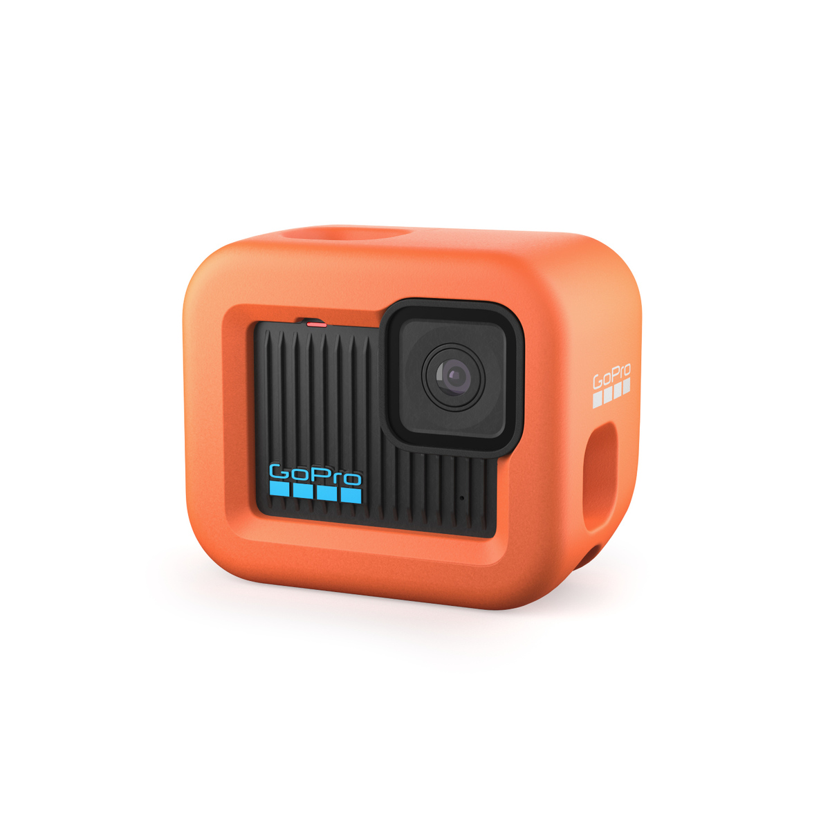 Eine orangefarbene GoPro-Kamera mit schwarzem Objektiv, quadratisch, isoliert auf weißem Grund.