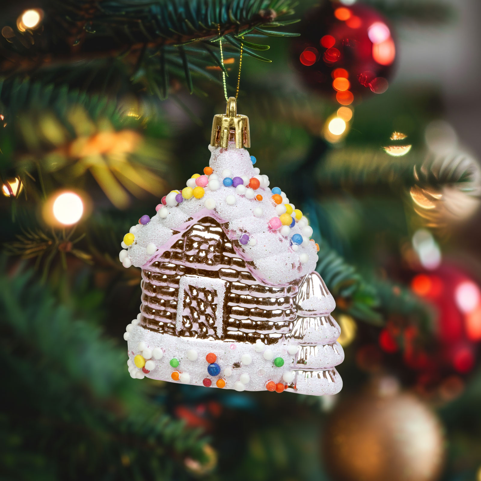 FAMILY CHRISTMAS Karácsonyfadísz, fényes házikó, 8x6x4 cm (58587)