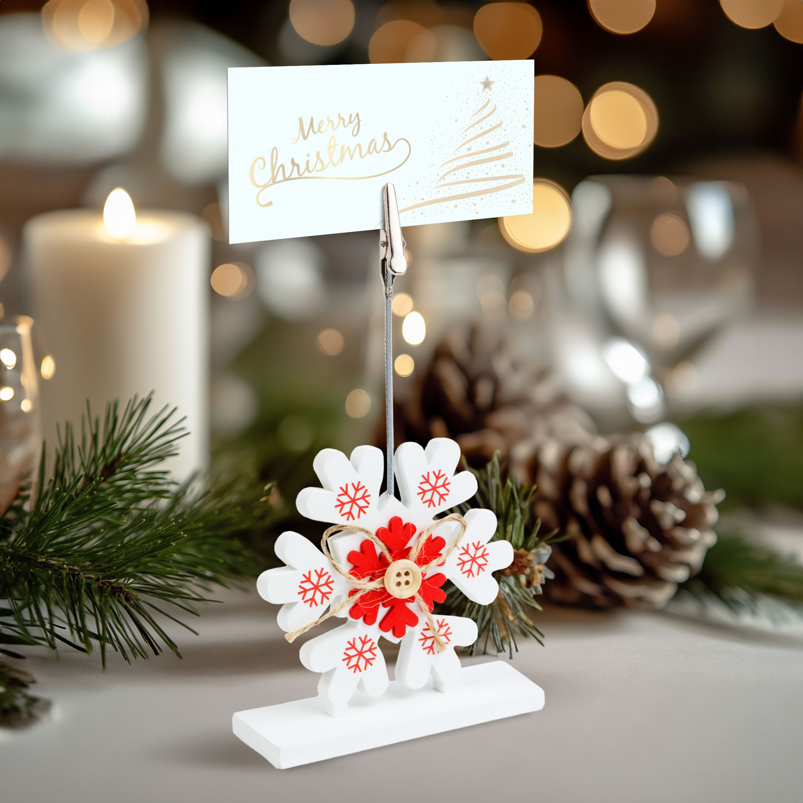 FAMILY CHRISTMAS Ültetőkártya tartó, csipeszes, jégkristály, 8,8x8,8 cm (58952B)