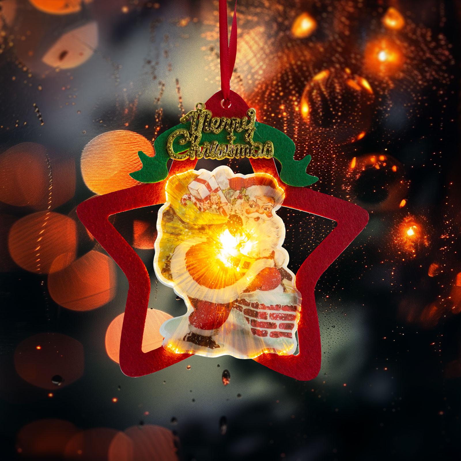 FAMILY CHRISTMAS LED-es ablakdekor, csillag mikulással, melegfehér (58977A)