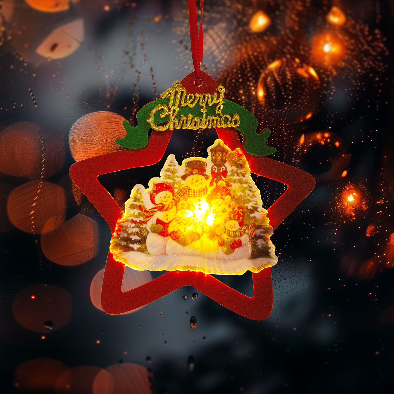 FAMILY CHRISTMAS LED-es ablakdekor, csillag hóemberrel, melegfehér (58977B)