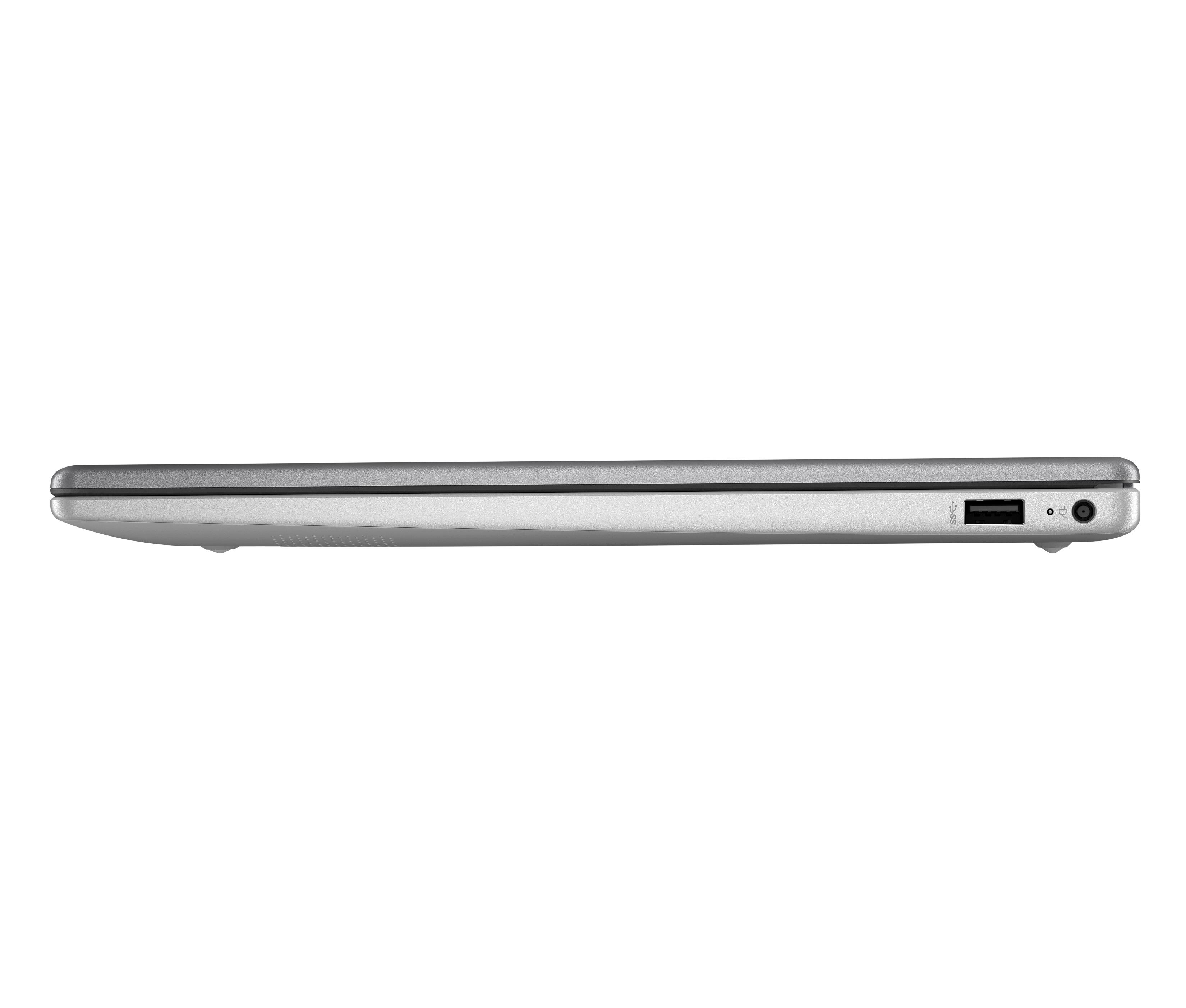 Seitenansicht eines silbernen Laptops mit USB-Anschluss und Ladeanschluss an der Seite.